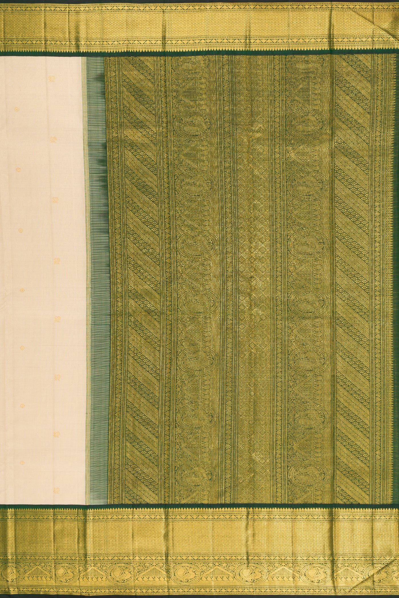 Close up image of the pallu of Sandal Kanchipuram Silk Saree with Checked design on the body and Zari Border. 