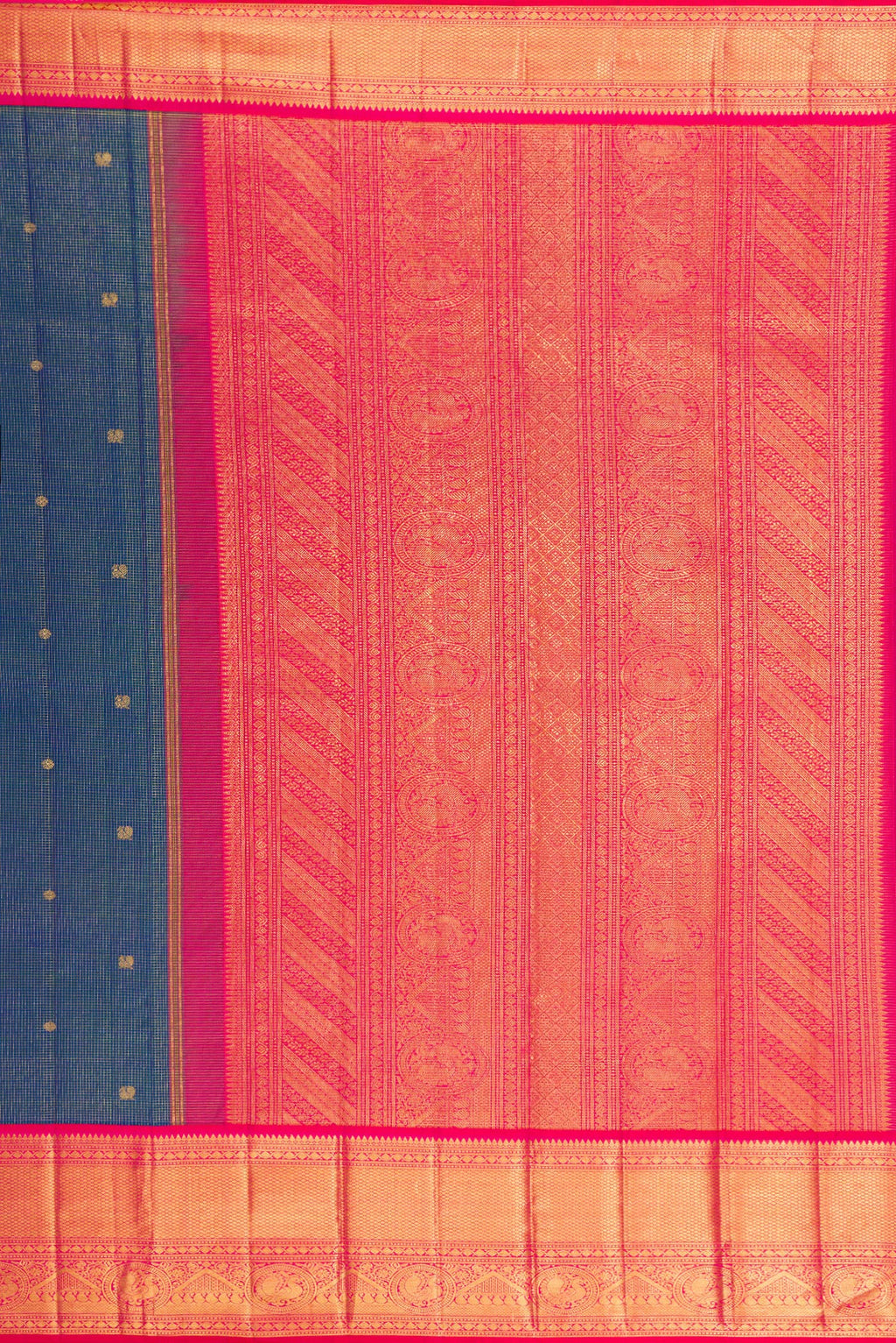 Close up image of the pallu of Peacock Blue Kanchipuram Silk Saree with Checked design on the body and Zari Border. 