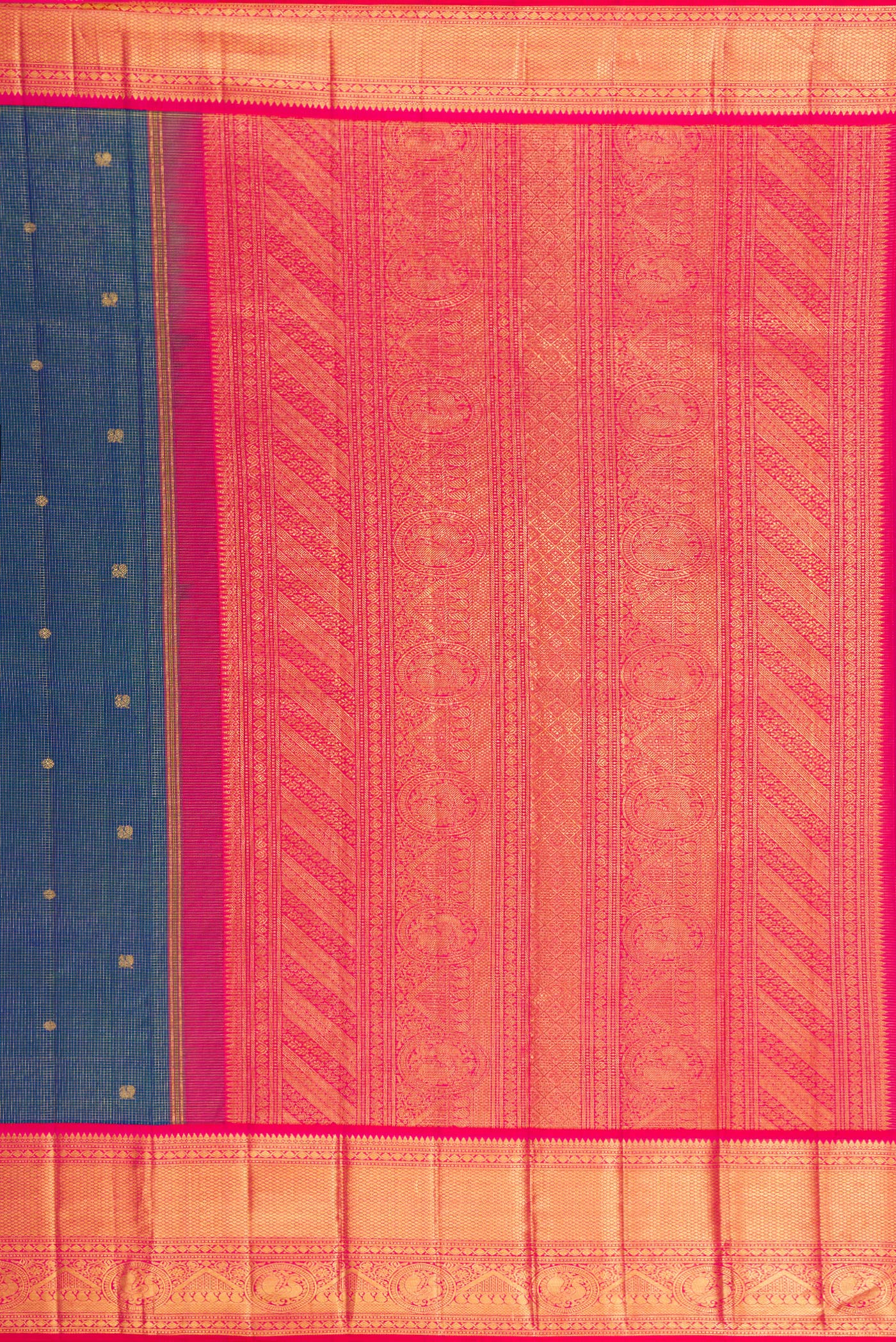 Close up image of the pallu of Peacock Blue Kanchipuram Silk Saree with Checked design on the body and Zari Border. 