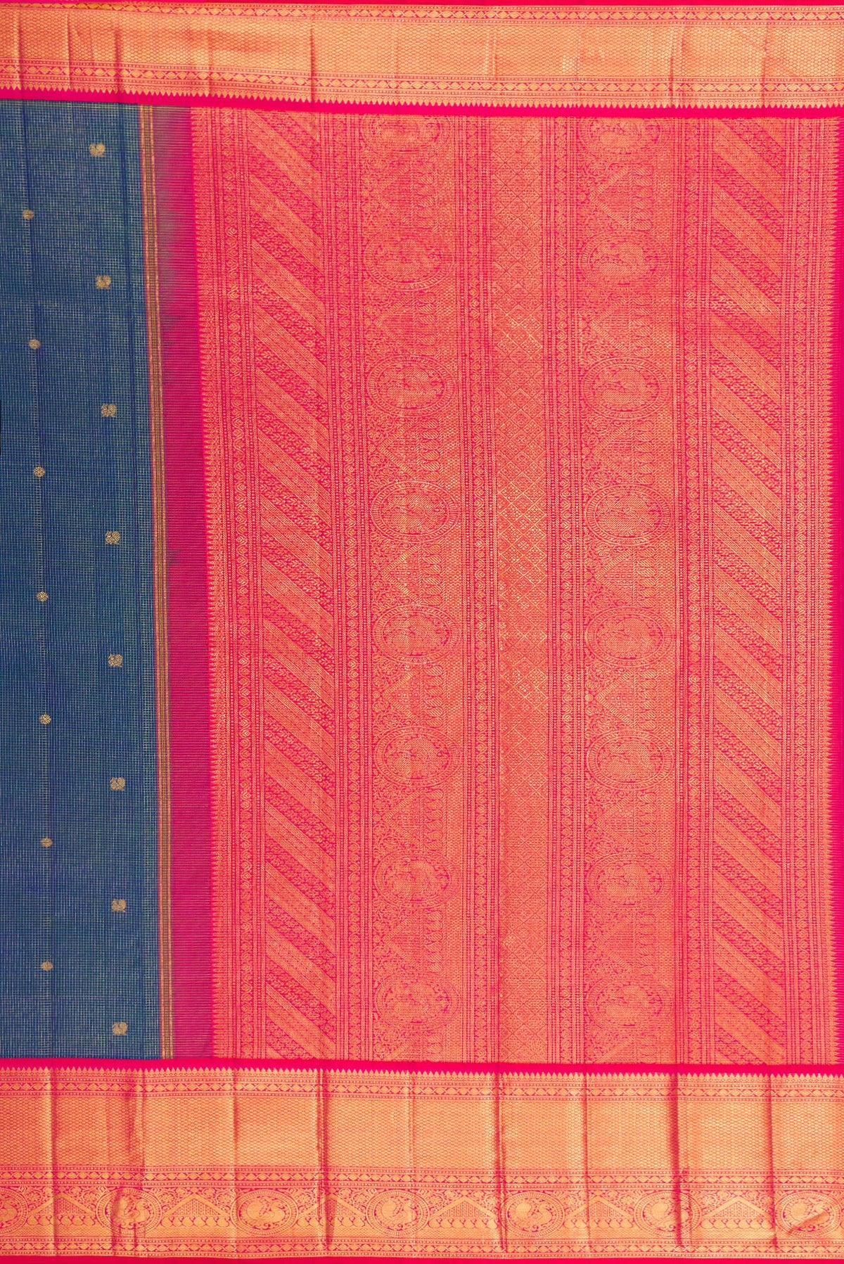 Close up image of the pallu of Peacock Blue Kanchipuram Silk Saree with Checked design on the body and Zari Border. 