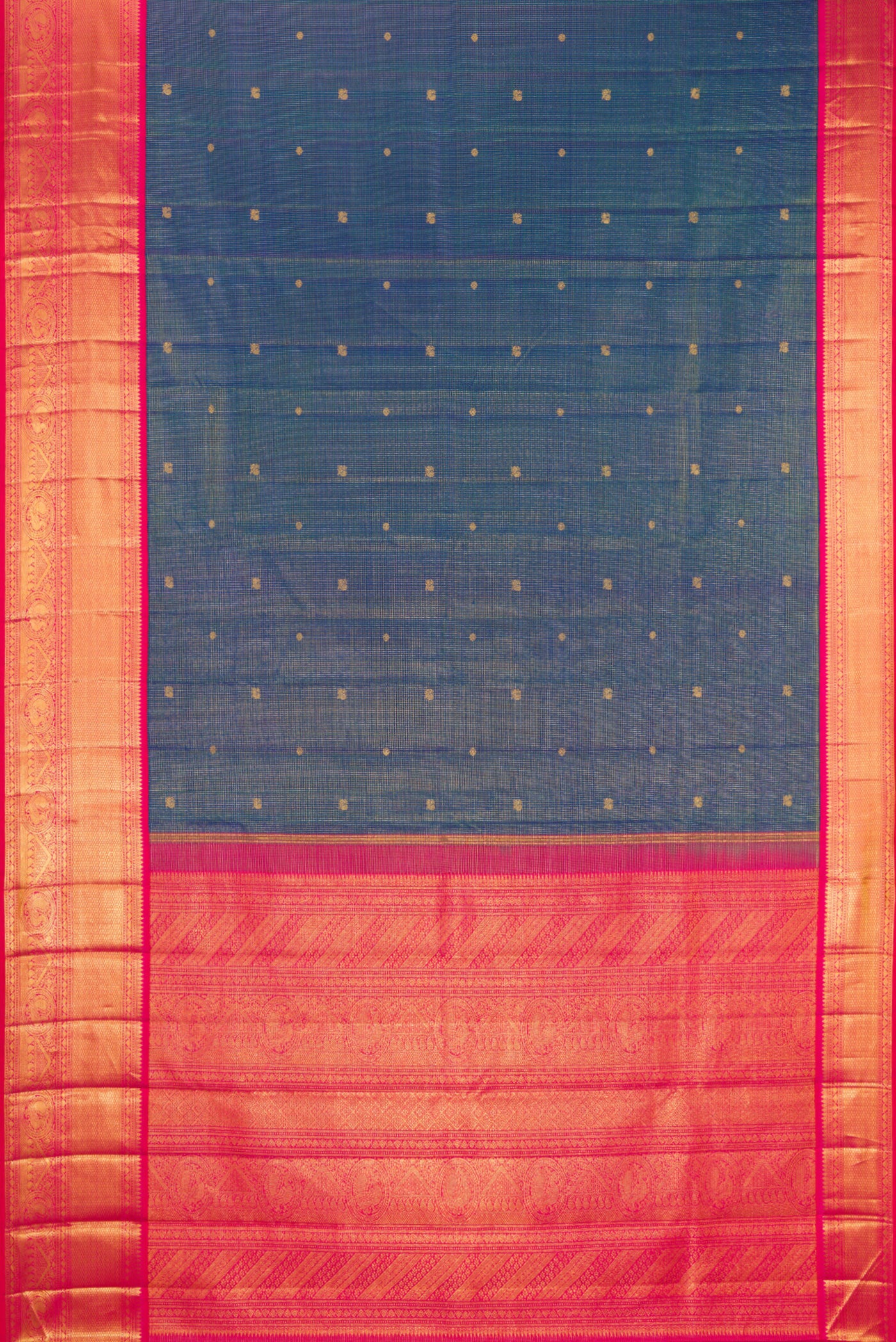 Flat view of Peacock Blue Kanchipuram Silk Saree with Checked design on the body and Zari Border. 