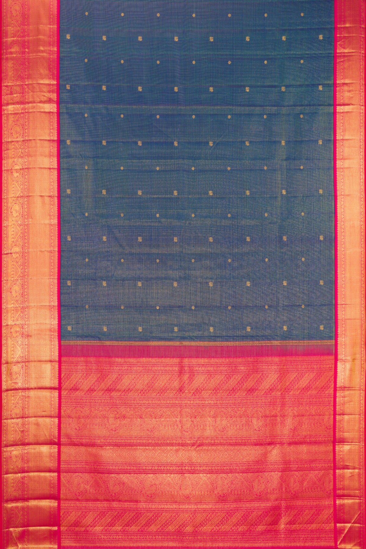 Flat view of Peacock Blue Kanchipuram Silk Saree with Checked design on the body and Zari Border. 