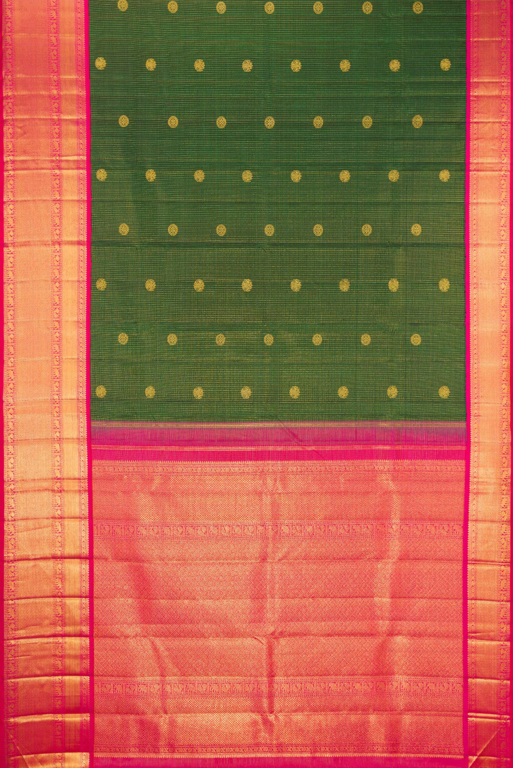 Flat view of Bottle Green Kanchipuram Silk Saree with Checked design on the body and Zari Border. 