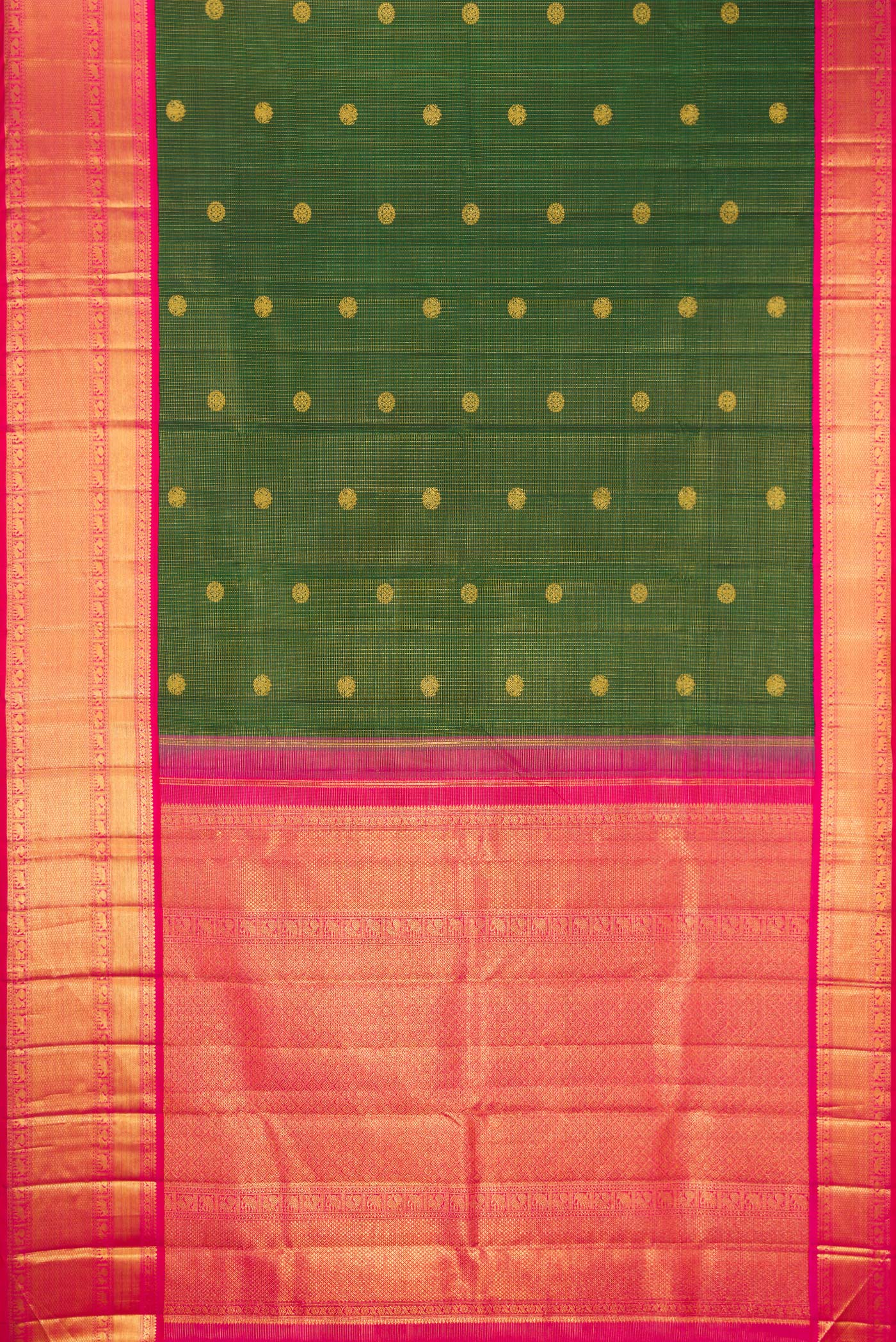 Flat view of Bottle Green Kanchipuram Silk Saree with Checked design on the body and Zari Border. 