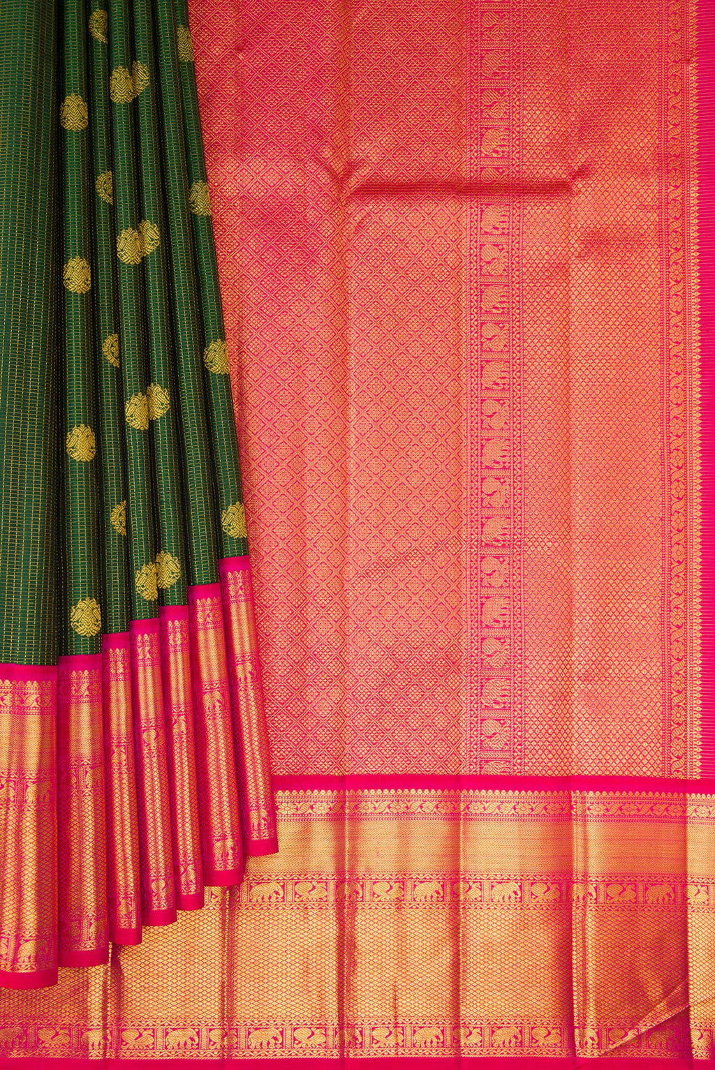 Pleats and pallu of Bottle Green Kanchipuram Silk Saree with Checked design on the body and Zari Border. 