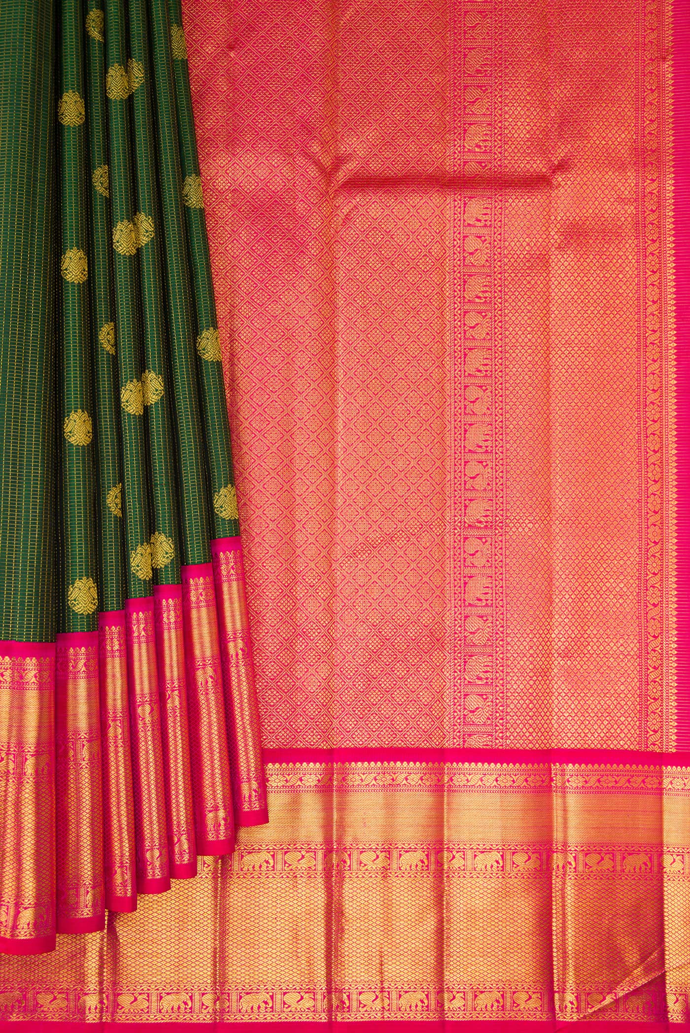 Pleats and pallu of Bottle Green Kanchipuram Silk Saree with Checked design on the body and Zari Border. 
