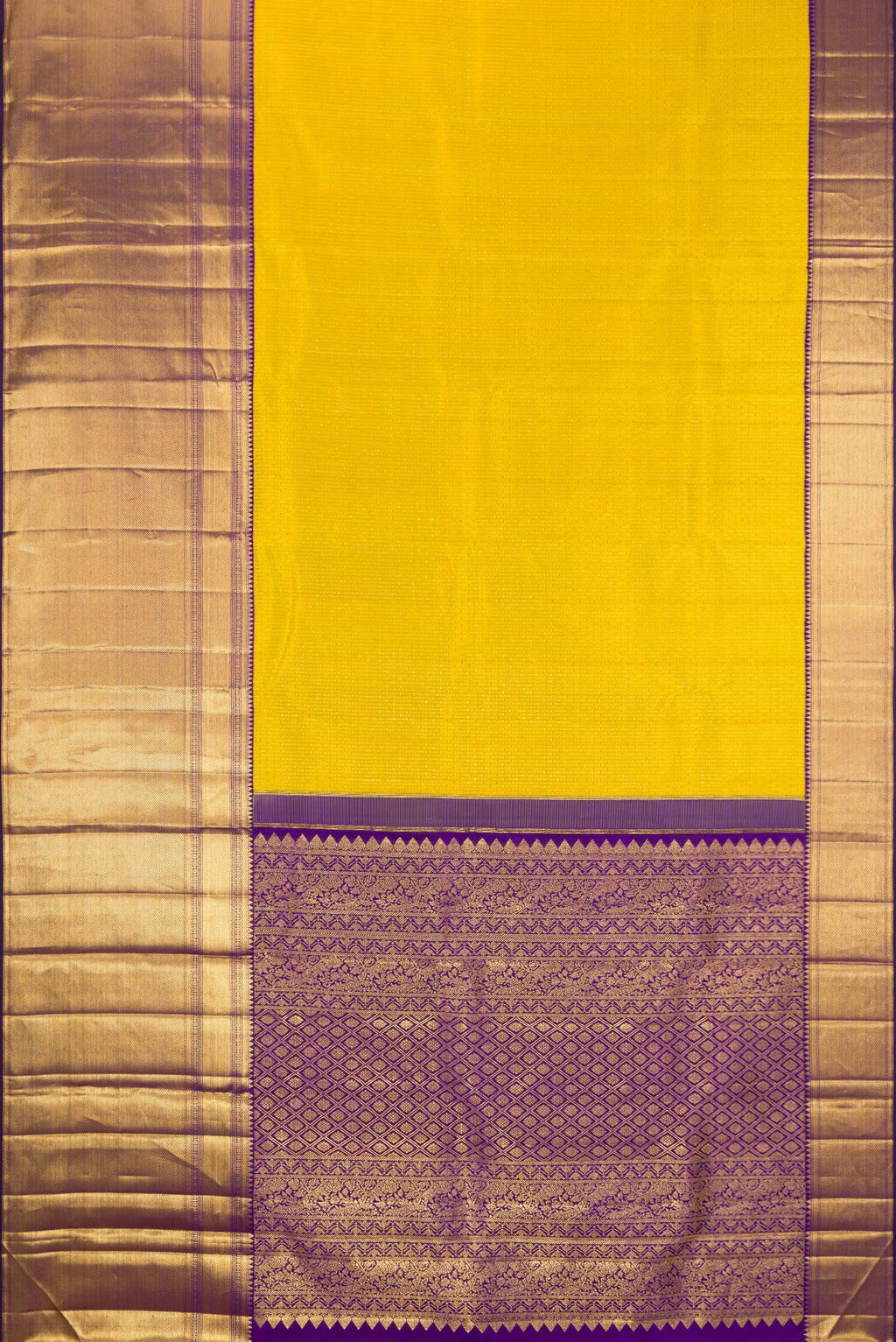 Flat view of Yellow Kanchipuram Silk Saree with Zari Butta on the body and Fancy Border. 