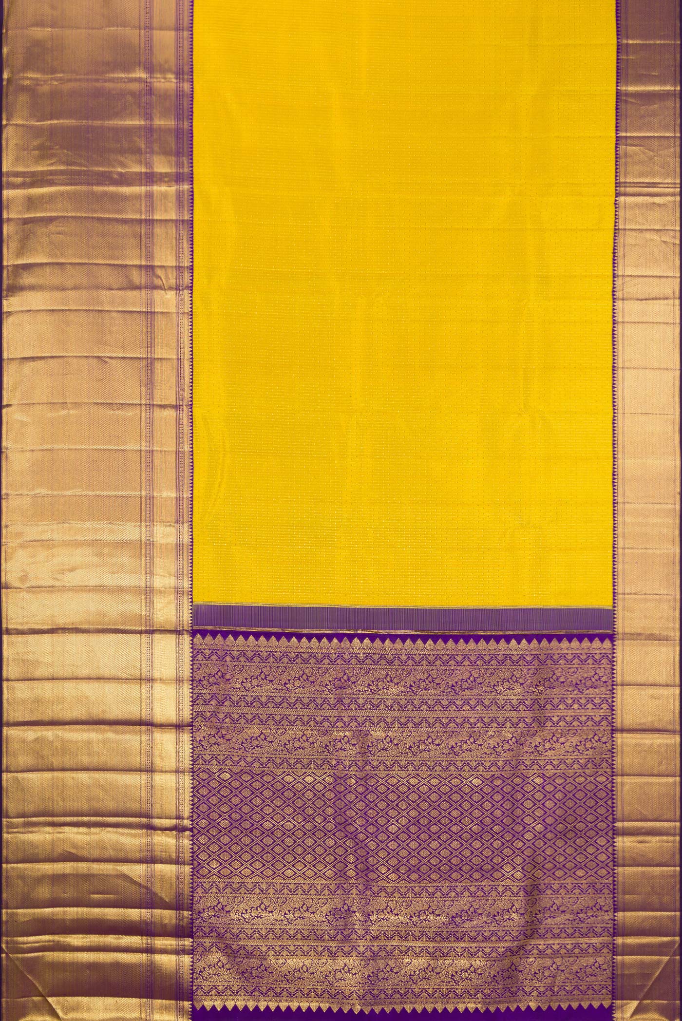 Flat view of Yellow Kanchipuram Silk Saree with Zari Butta on the body and Fancy Border. 