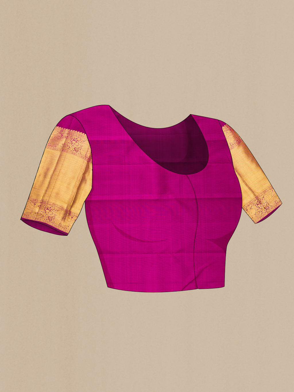 Close up image of the blouse of Magenta Kanchipuram Silk Saree with Zari Brocade on the body and Zari Border. 