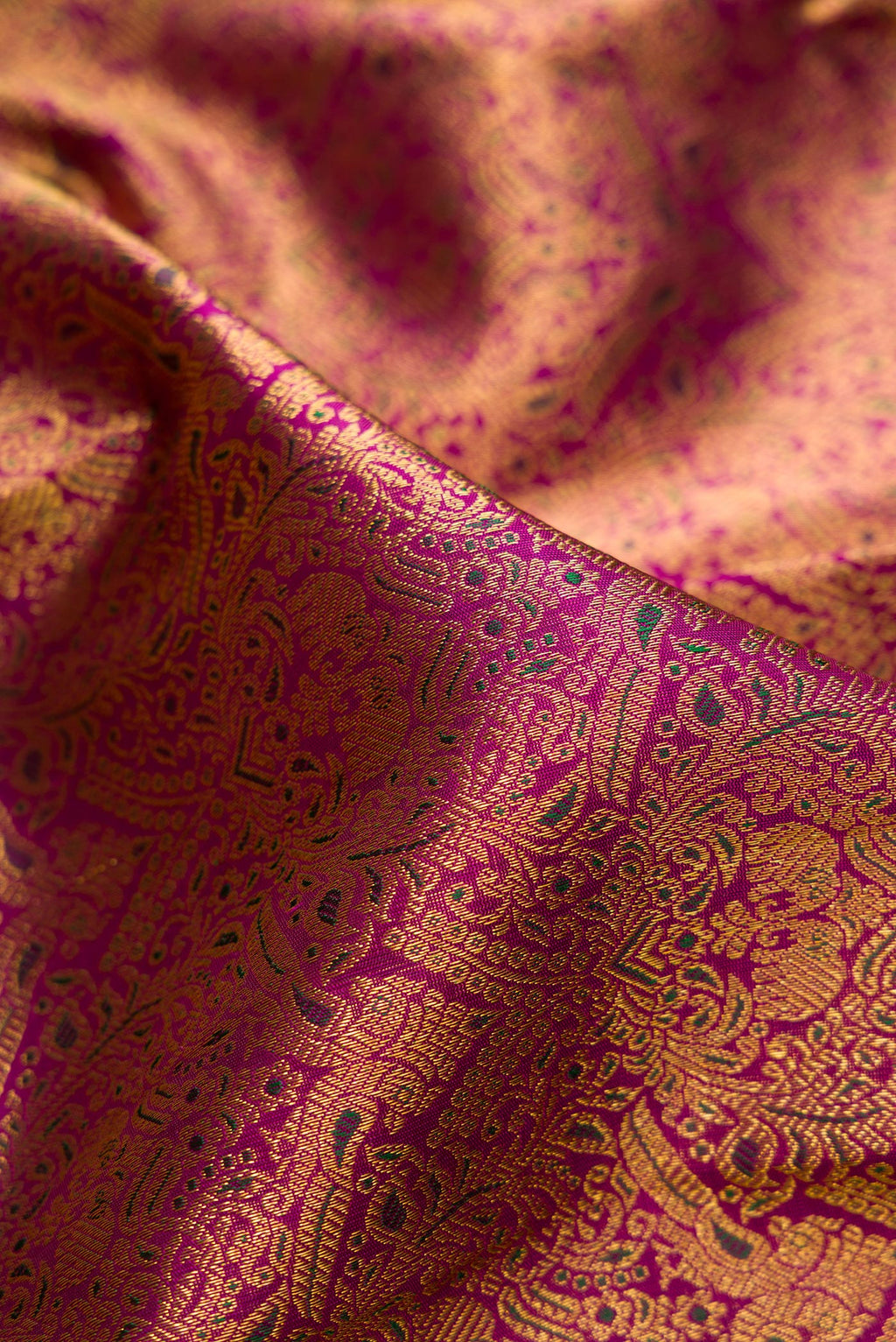 Close up of Magenta Kanchipuram Silk Saree with Zari Brocade on the body and Zari Border.  displaying folds