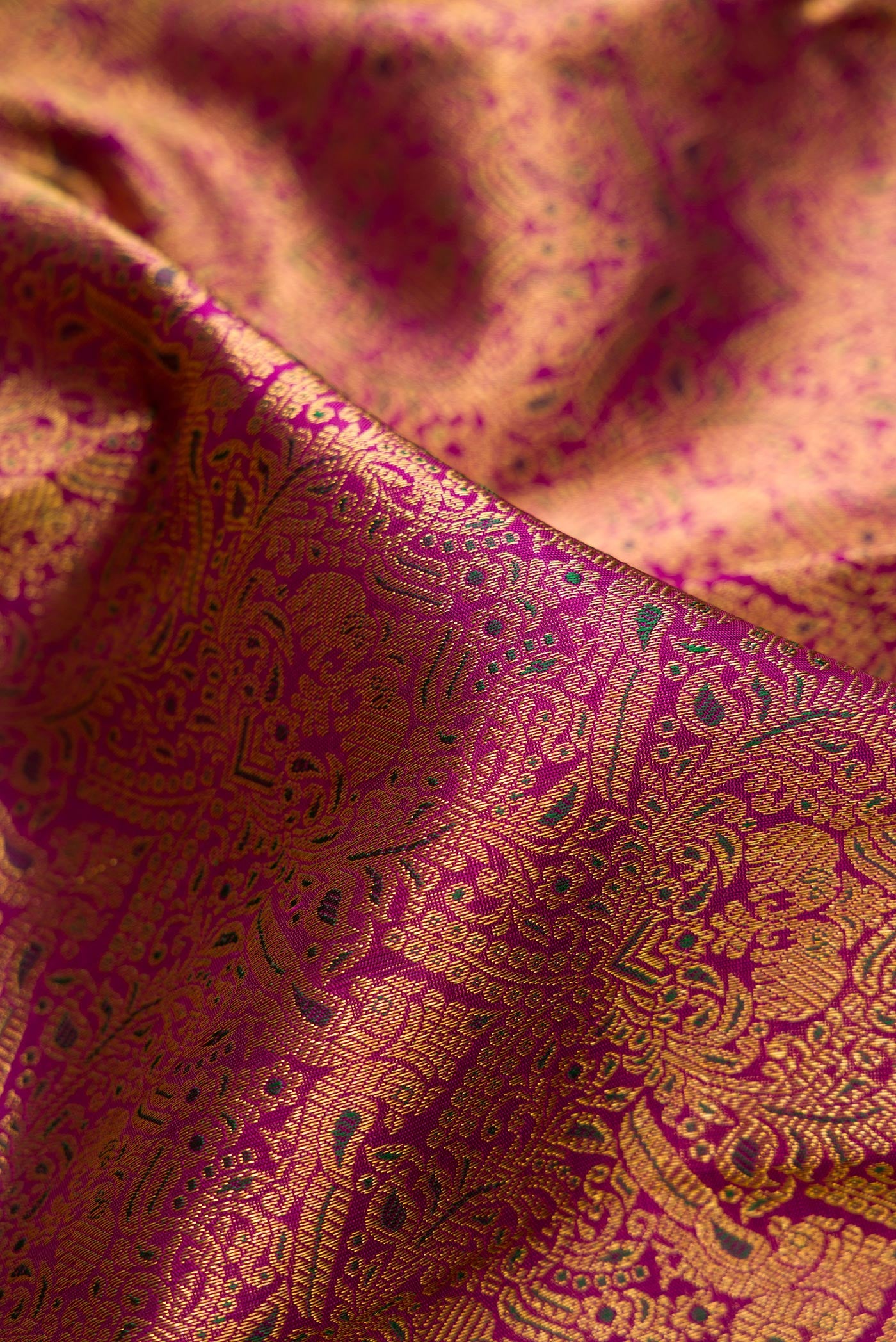 Close up of Magenta Kanchipuram Silk Saree with Zari Brocade on the body and Zari Border.  displaying folds