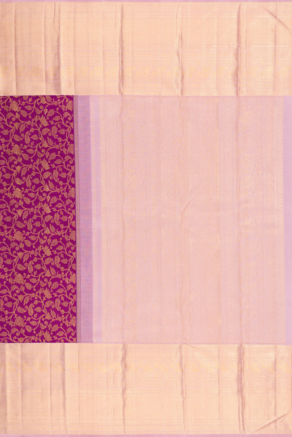 Close up image of the pallu of Purple Kanchipuram Silk Saree with Zari Brocade on the body and Zari Border. 