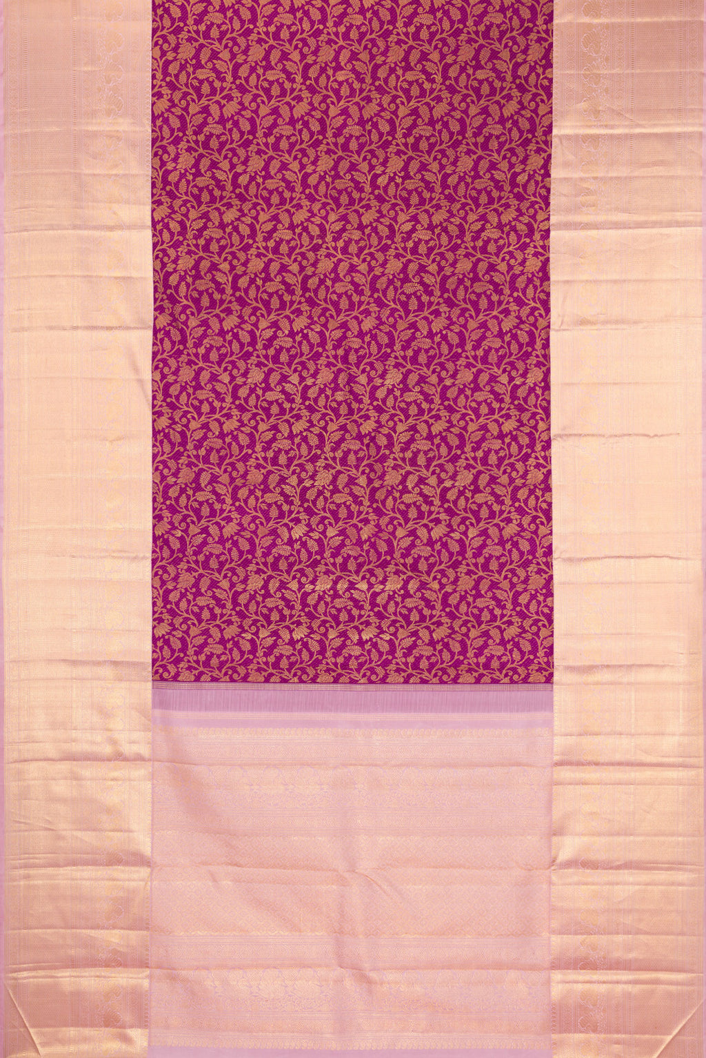 Flat view of Purple Kanchipuram Silk Saree with Zari Brocade on the body and Zari Border. 