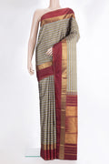 Pure Silk Grey Dual Tone Kanchipuram Saree with Checked design on the body and Zari Border.  displayed on a mannequin