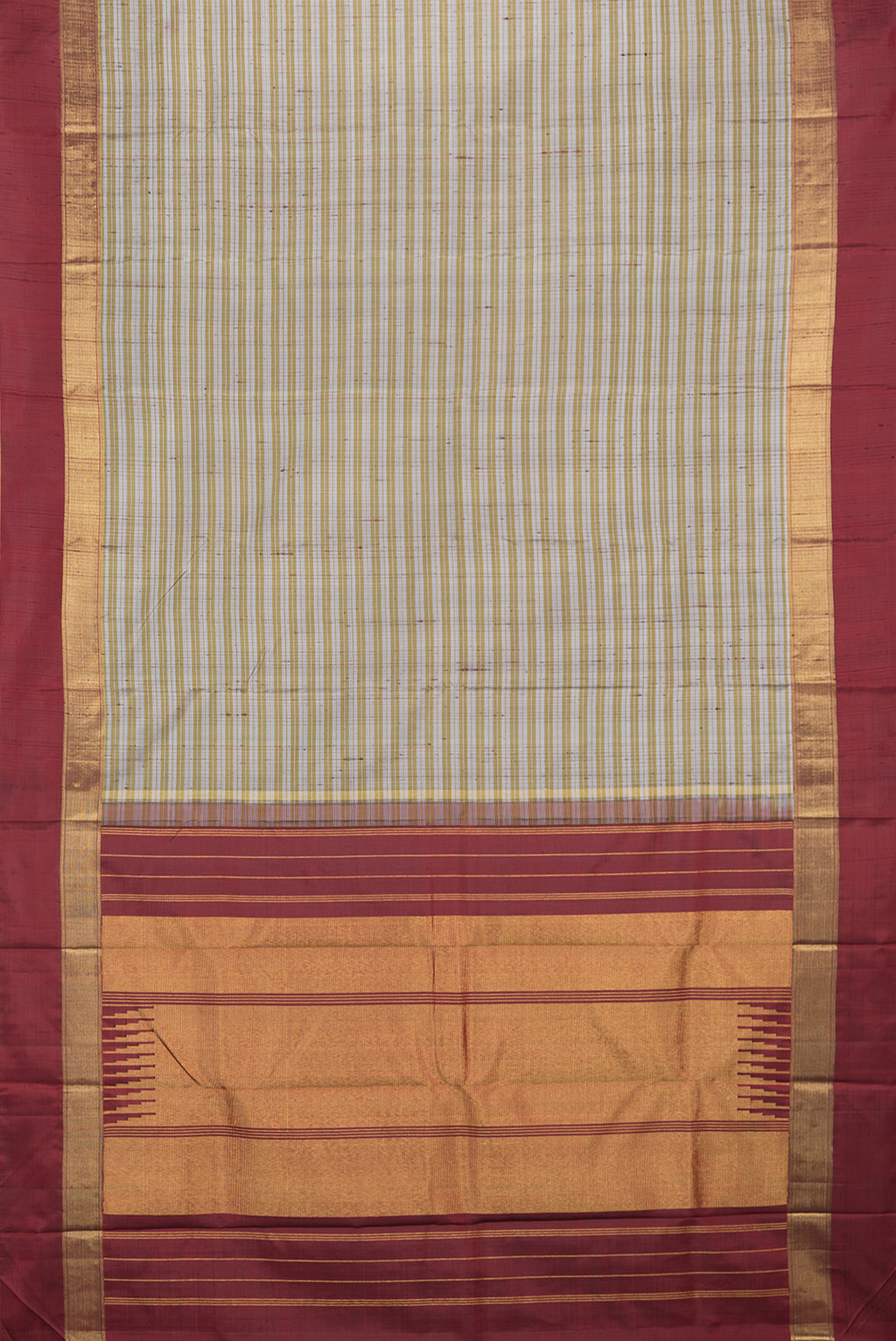 Flat view of Pure Silk Grey Dual Tone Kanchipuram Saree with Checked design on the body and Zari Border. 