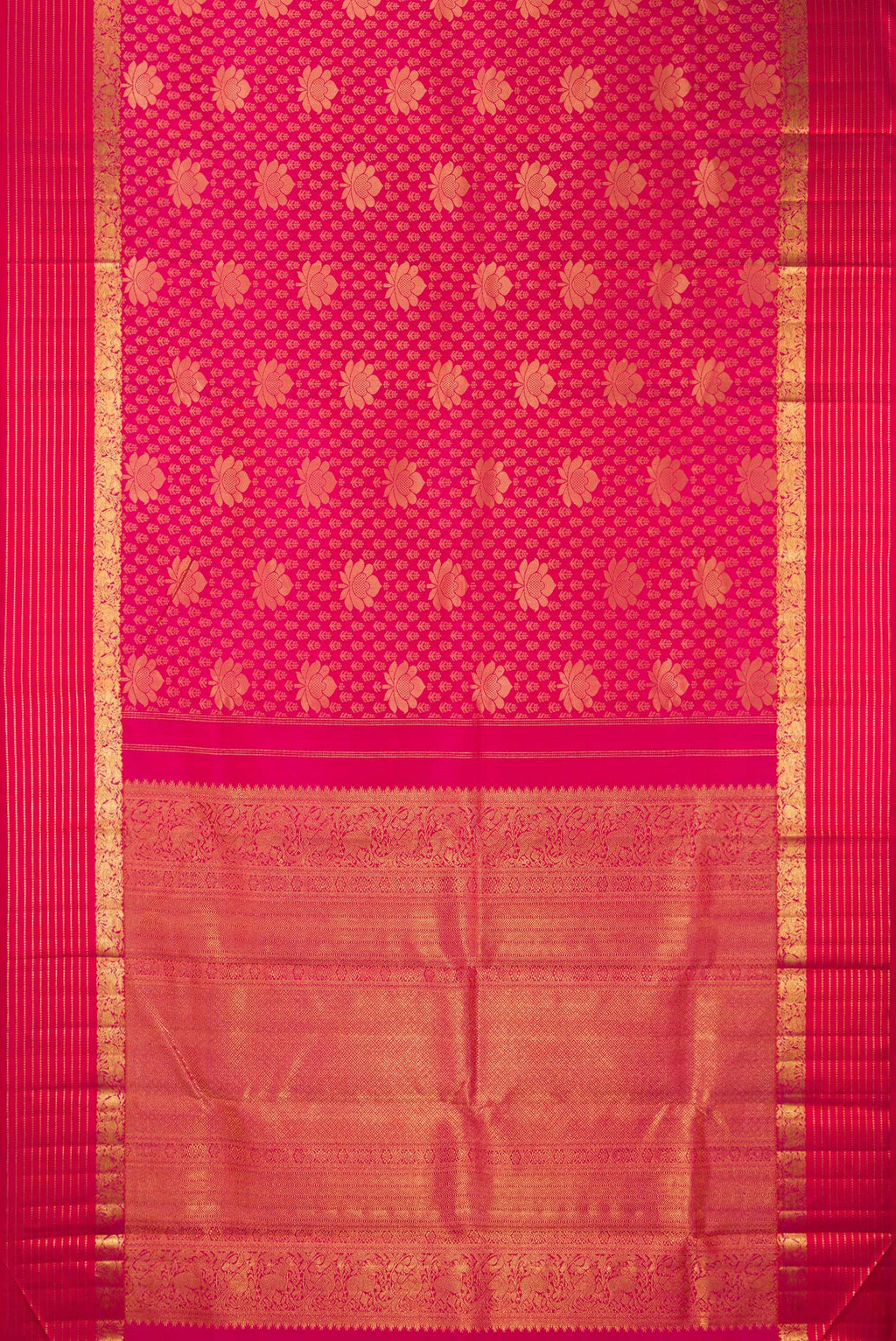 Flat view of Pure Silk Pink Kanjivaram Saree with Jacquard With Zari Butta on the body and Zari Border. 