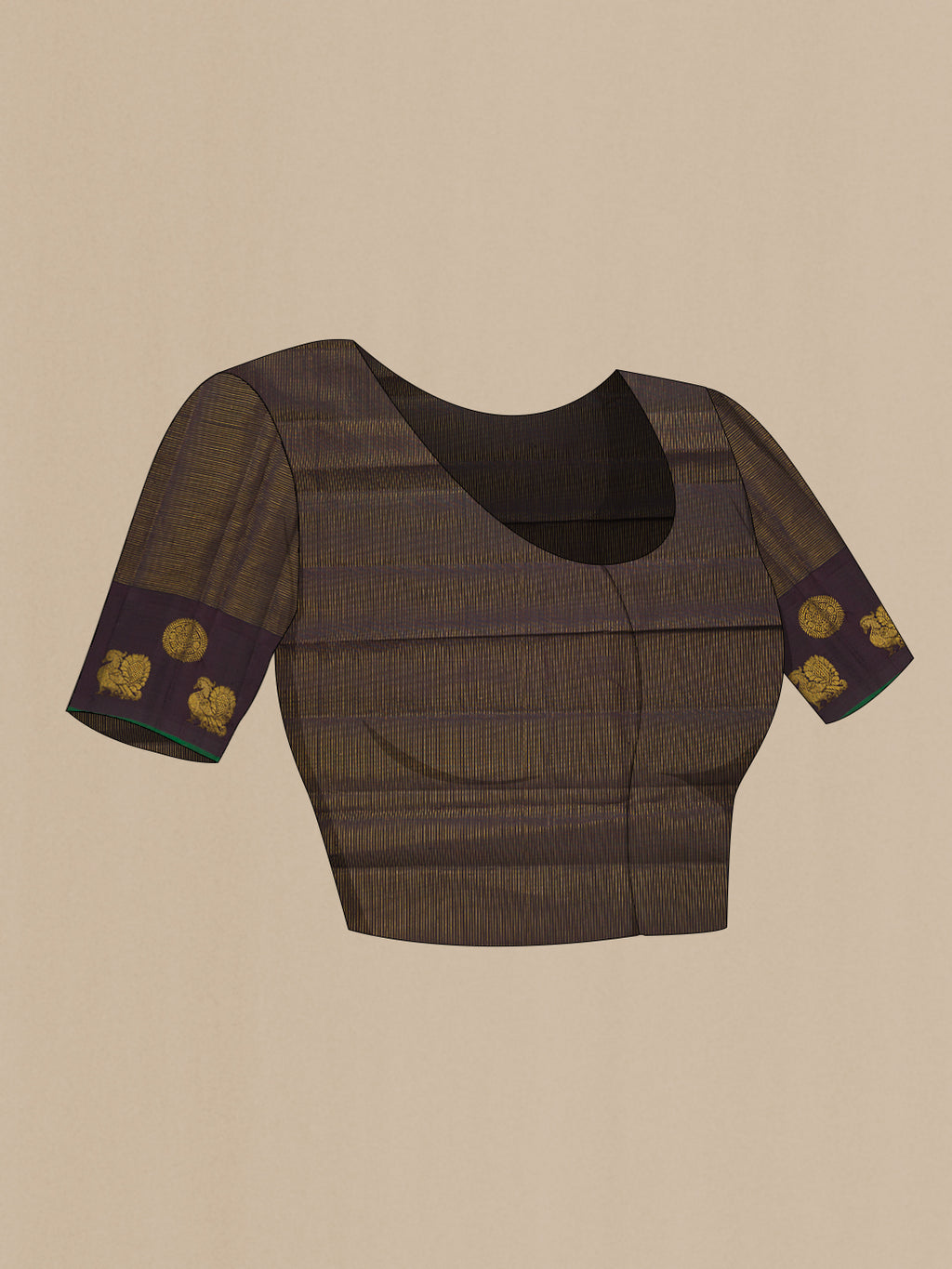 Close up image of the blouse of Pure Silk Brown Dual Tone Kanjivaram Saree with Checked design on the body and Fancy Border. 
