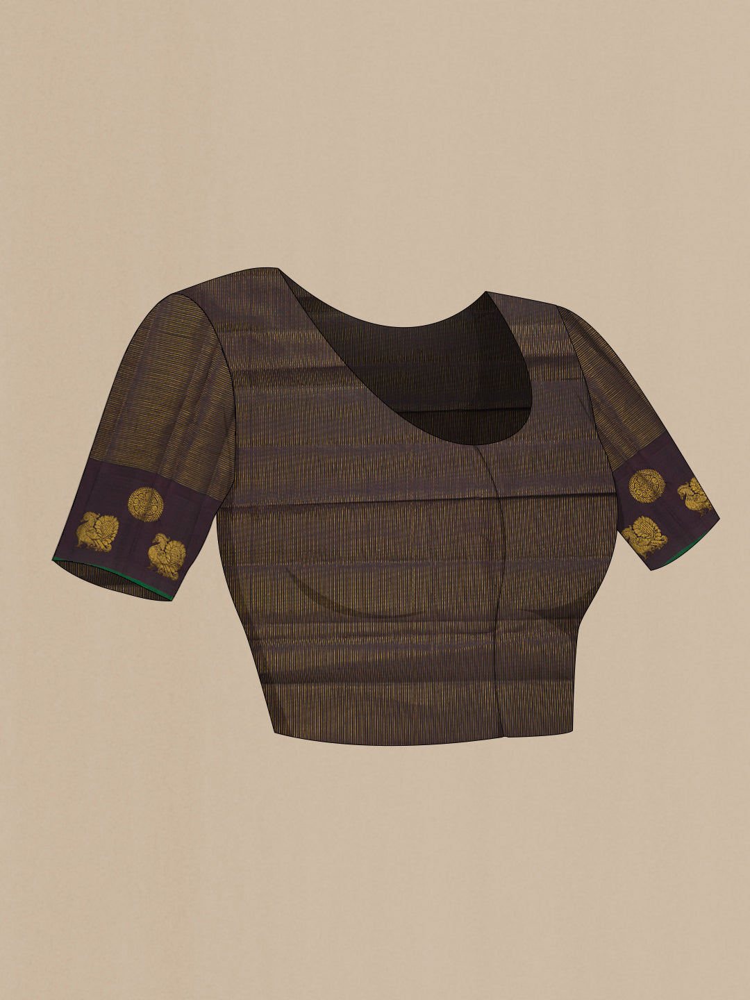 Close up image of the blouse of Pure Silk Brown Dual Tone Kanjivaram Saree with Checked design on the body and Fancy Border. 