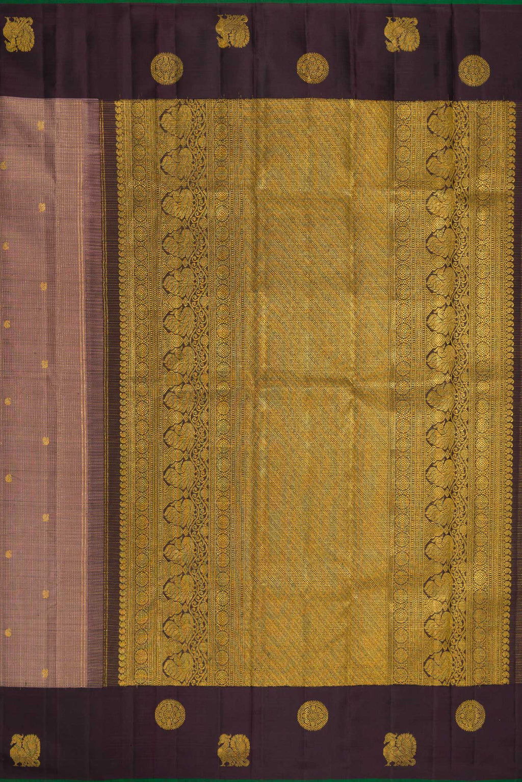 Close up image of the pallu of Pure Silk Brown Dual Tone Kanjivaram Saree with Checked design on the body and Fancy Border. 