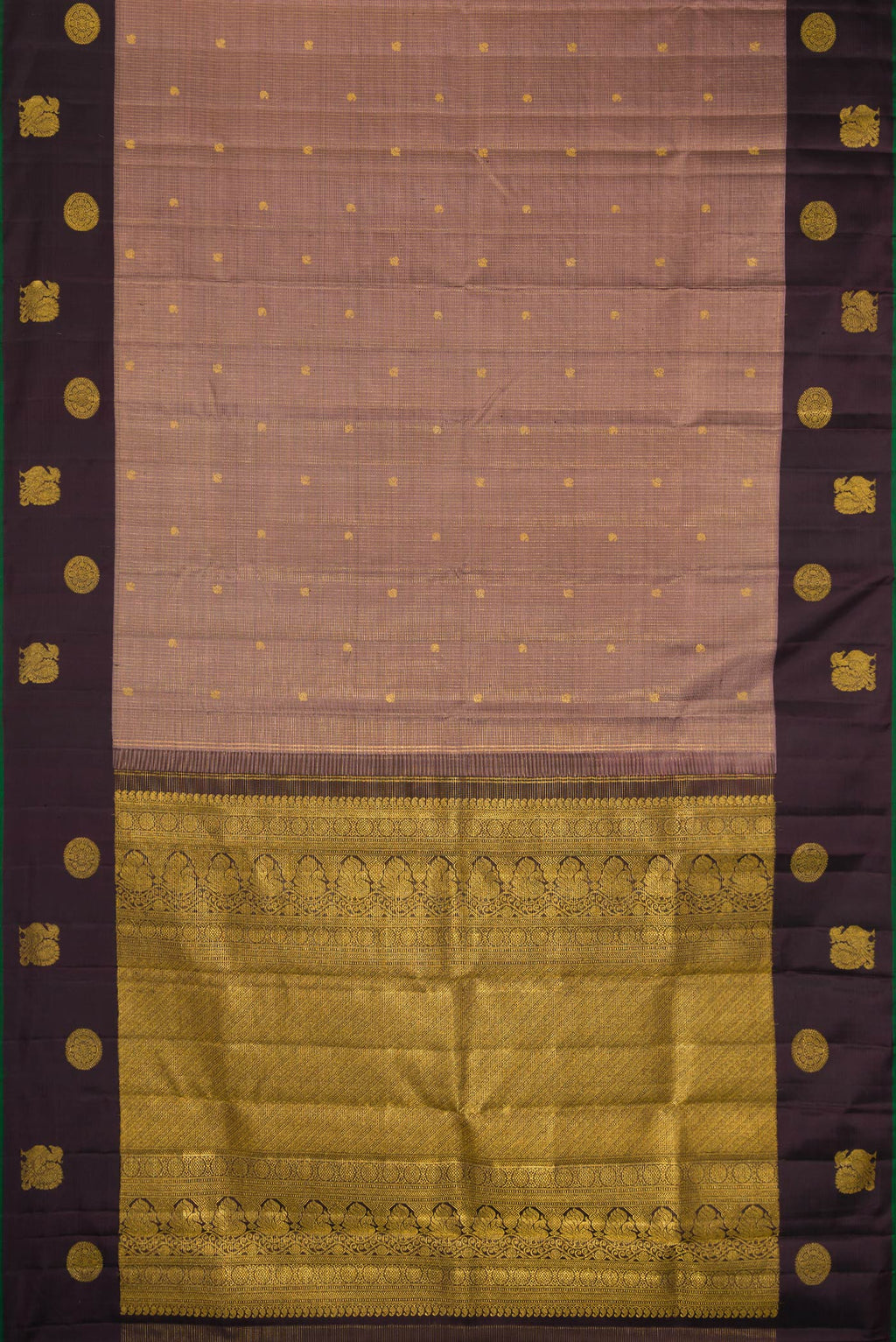 Flat view of Pure Silk Brown Dual Tone Kanjivaram Saree with Checked design on the body and Fancy Border. 