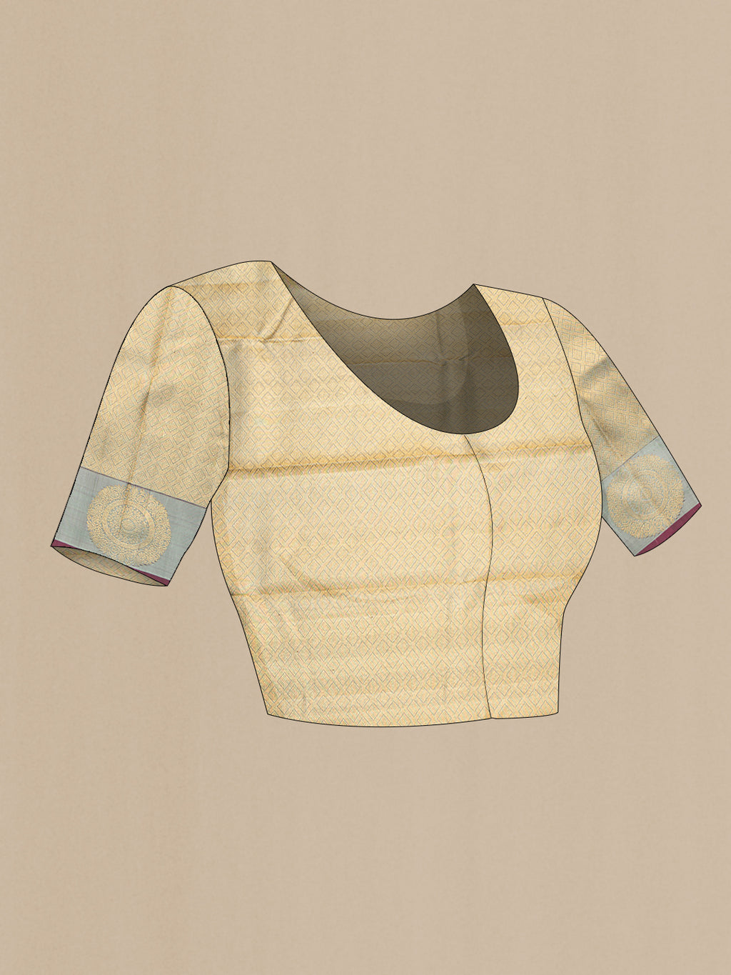Close up image of the blouse of Pure Silk Grey Kanjivaram Saree with Stripes on the body and Fancy Border. 