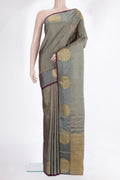 Pure Silk Grey Kanjivaram Saree with Stripes on the body and Fancy Border.  displayed on a mannequin