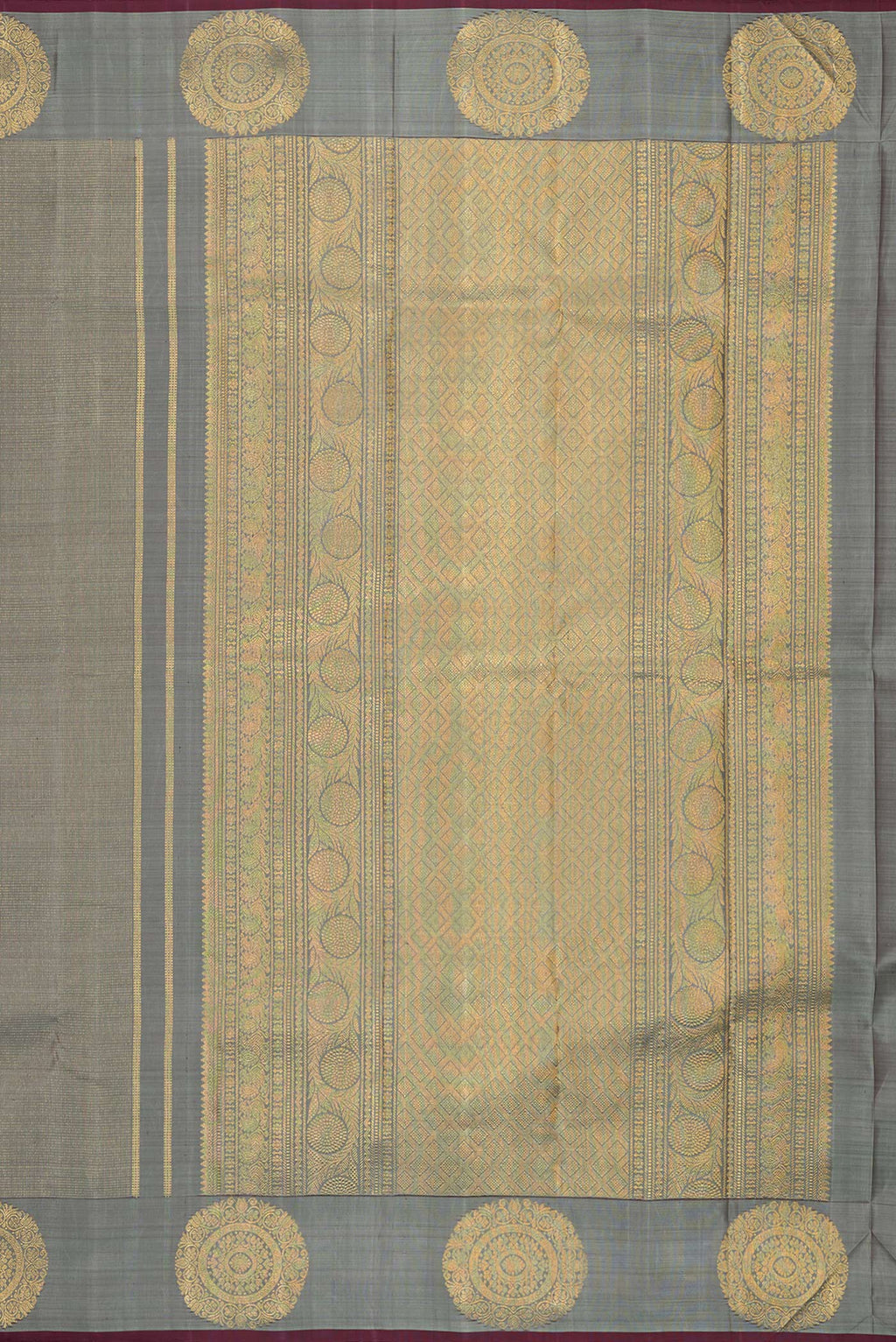 Close up image of the pallu of Pure Silk Grey Kanjivaram Saree with Stripes on the body and Fancy Border. 