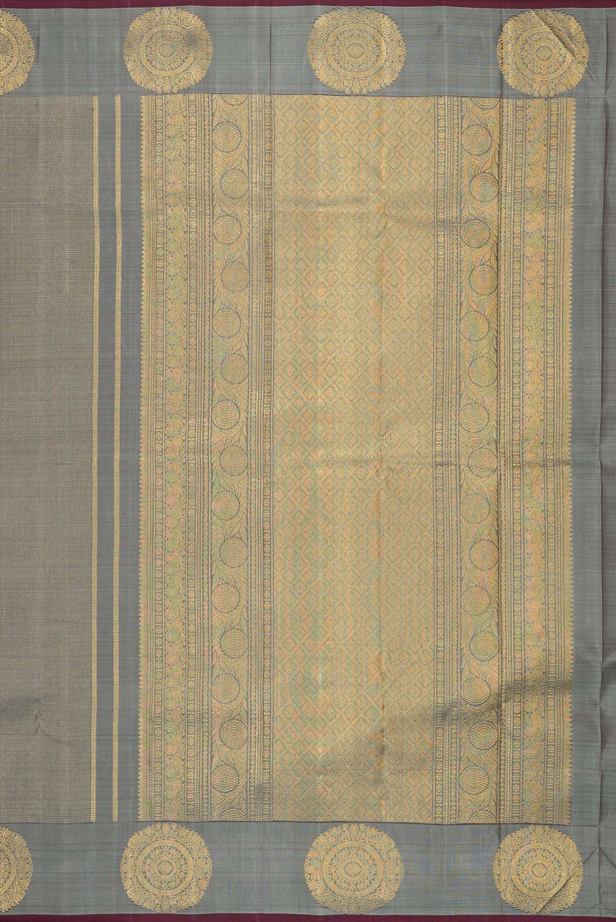 Close up image of the pallu of Pure Silk Grey Kanjivaram Saree with Stripes on the body and Fancy Border. 