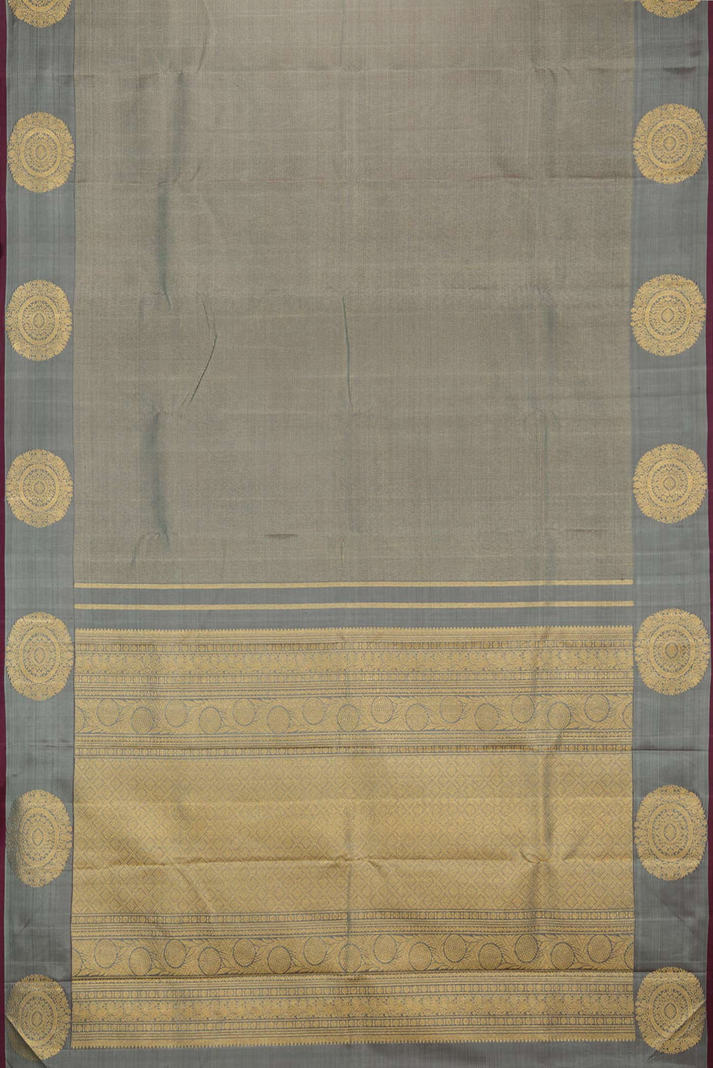 Flat view of Pure Silk Grey Kanjivaram Saree with Stripes on the body and Fancy Border. 