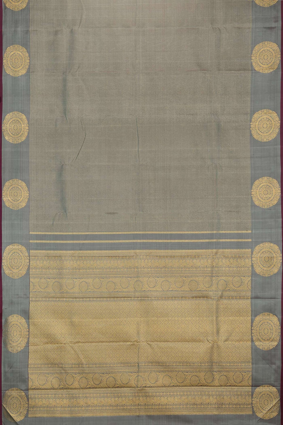Flat view of Pure Silk Grey Kanjivaram Saree with Stripes on the body and Fancy Border. 