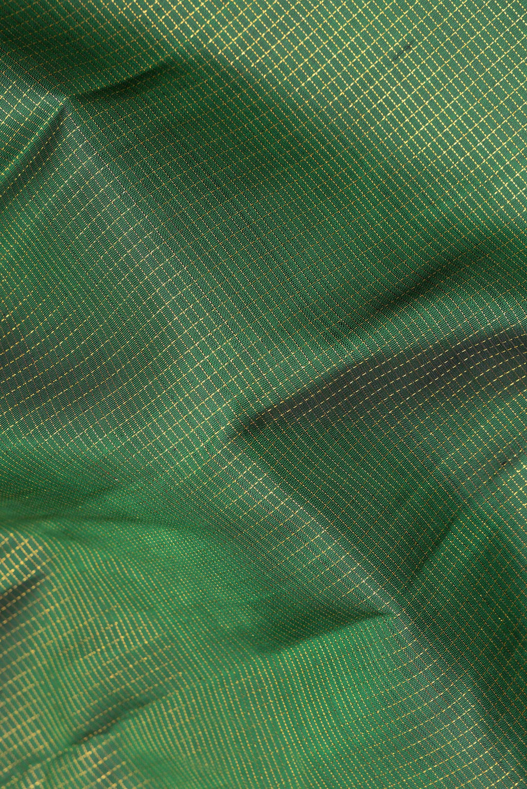 Close up of Pure Silk Green Kanchipuram Saree with Checked design on the body and Zari Border.  displaying folds