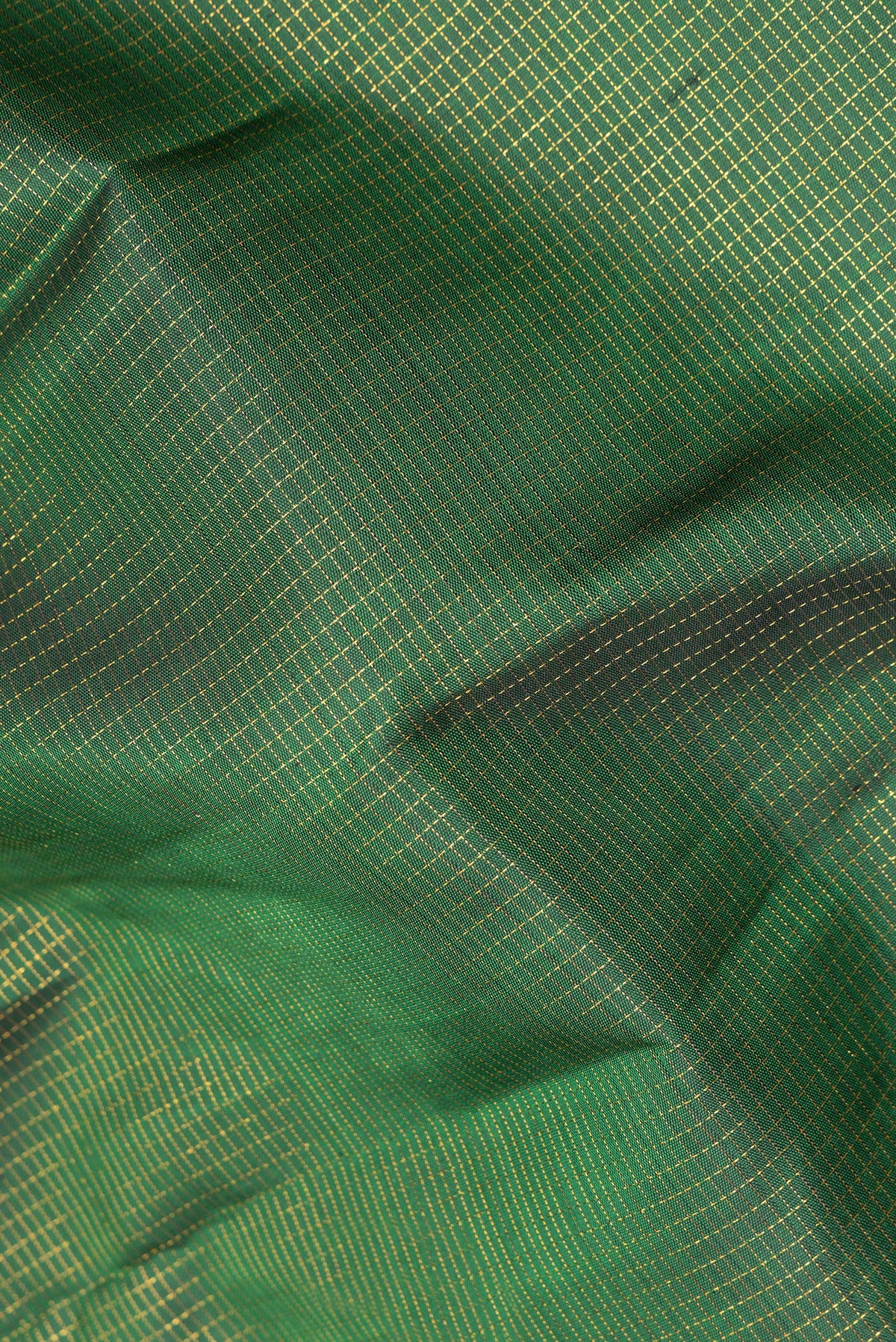 Close up of Pure Silk Green Kanchipuram Saree with Checked design on the body and Zari Border.  displaying folds