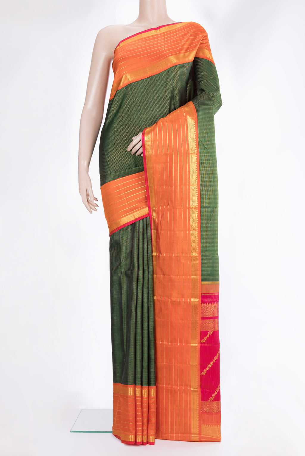 Pure Silk Green Kanchipuram Saree with Checked design on the body and Zari Border.  displayed on a mannequin