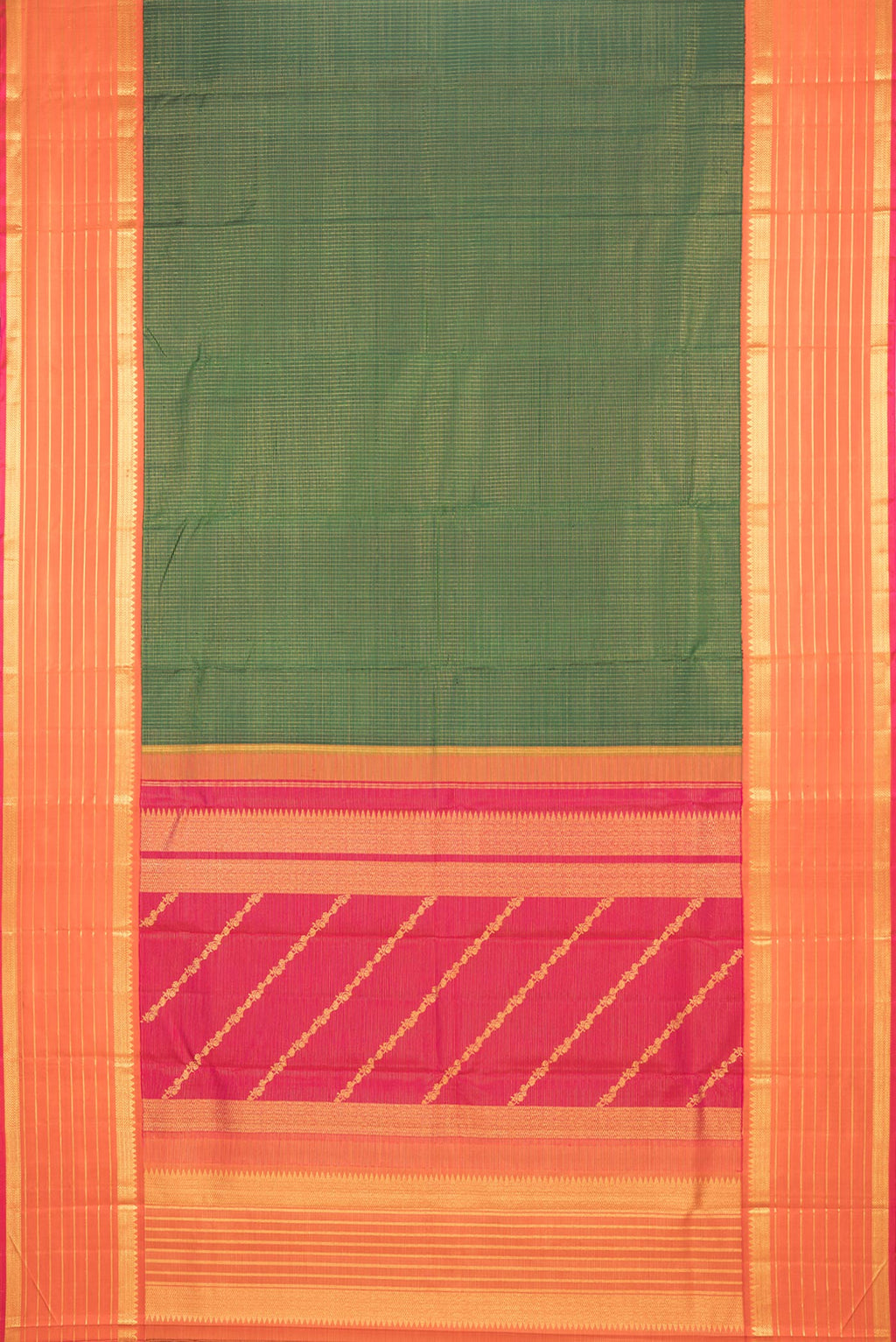 Flat view of Pure Silk Green Kanchipuram Saree with Checked design on the body and Zari Border. 
