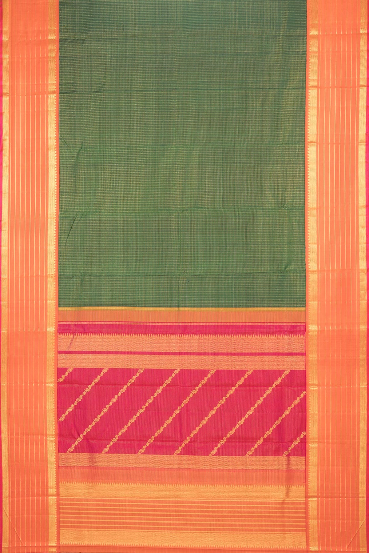 Flat view of Pure Silk Green Kanchipuram Saree with Checked design on the body and Zari Border. 