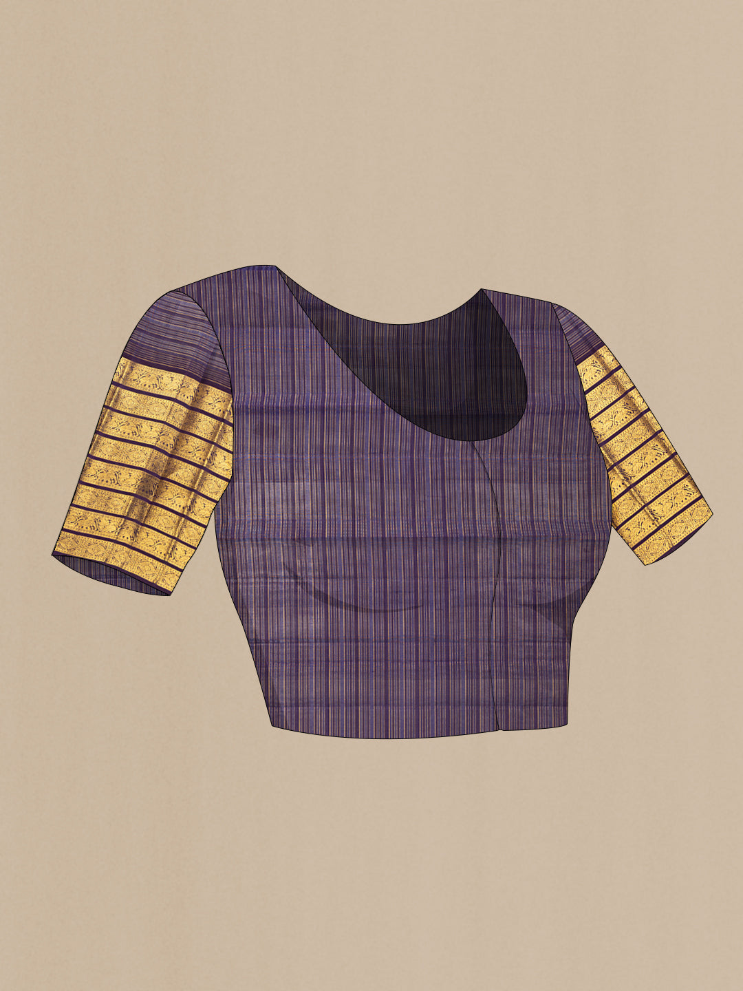 Close up image of the blouse of Pure Silk Beige Kanchipuram Saree with Checked design on the body and Zari Border. 