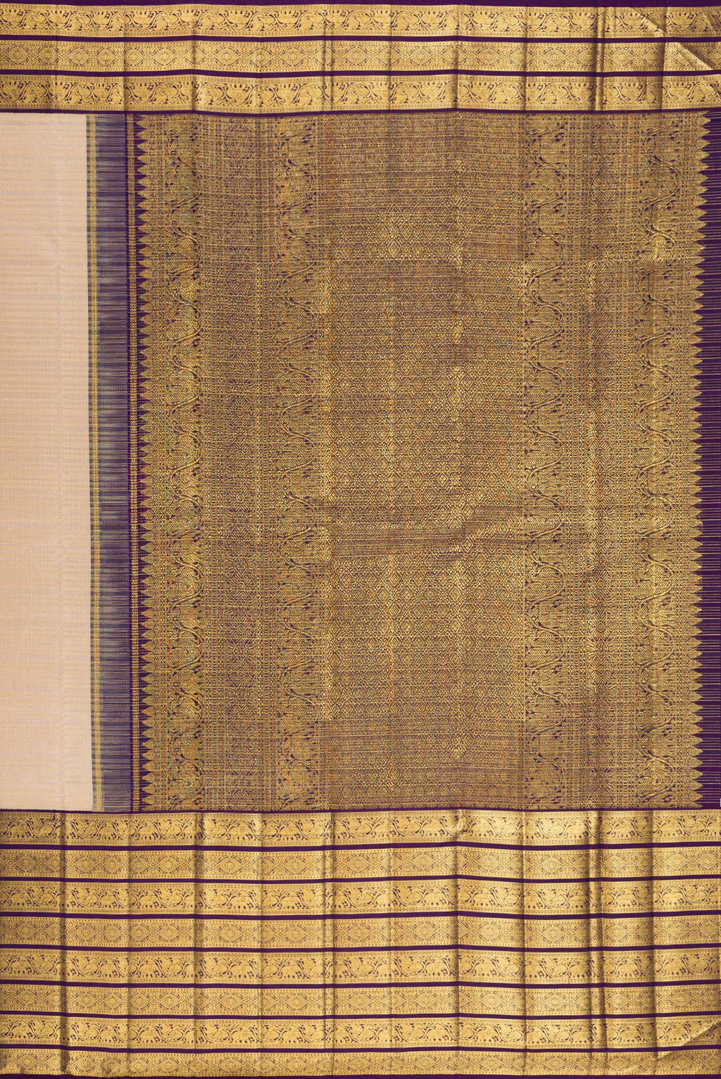 Close up image of the pallu of Pure Silk Beige Kanchipuram Saree with Checked design on the body and Zari Border. 