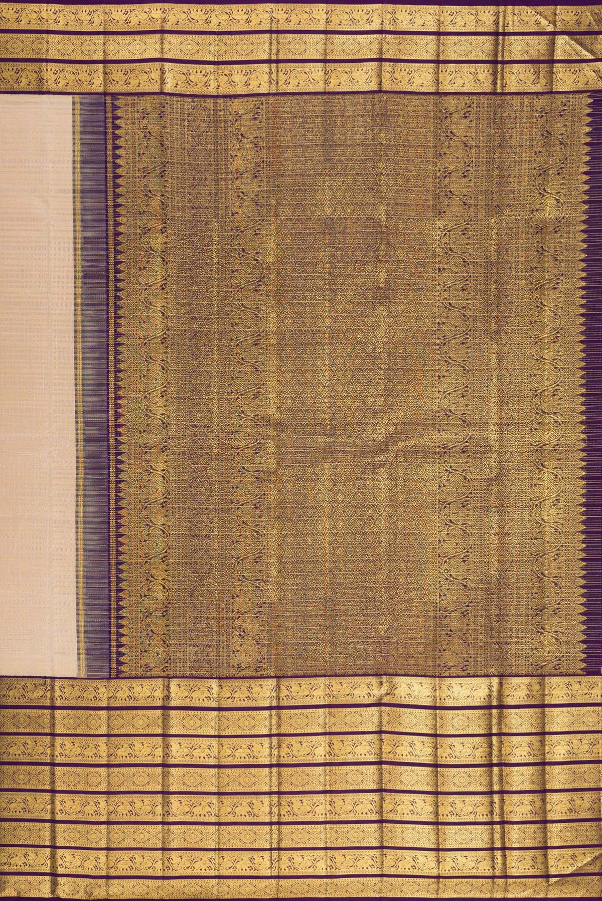 Close up image of the pallu of Pure Silk Beige Kanchipuram Saree with Checked design on the body and Zari Border. 