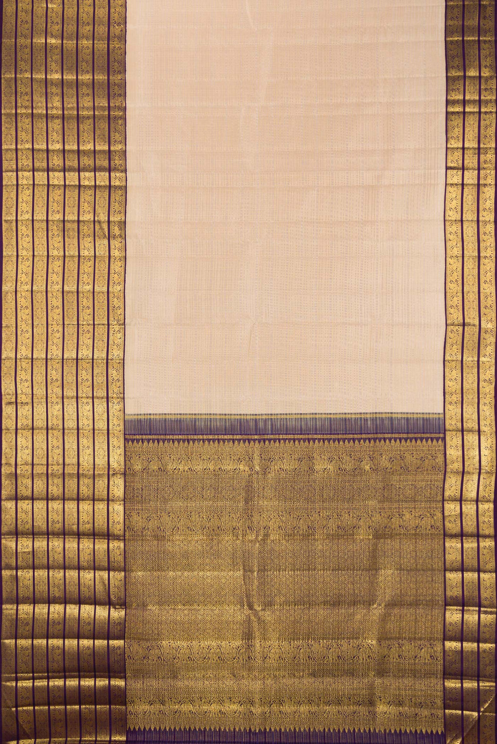 Flat view of Pure Silk Beige Kanchipuram Saree with Checked design on the body and Zari Border. 