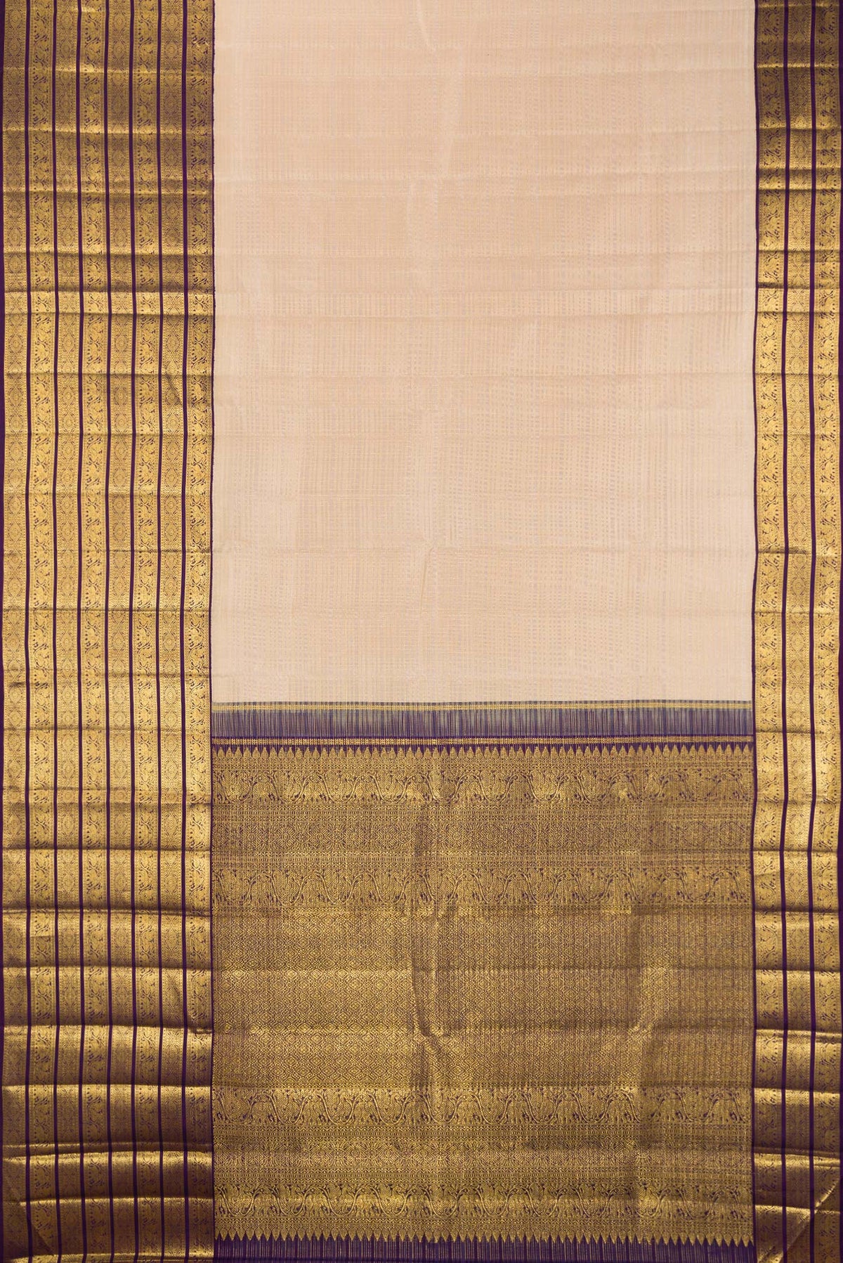 Flat view of Pure Silk Beige Kanchipuram Saree with Checked design on the body and Zari Border. 