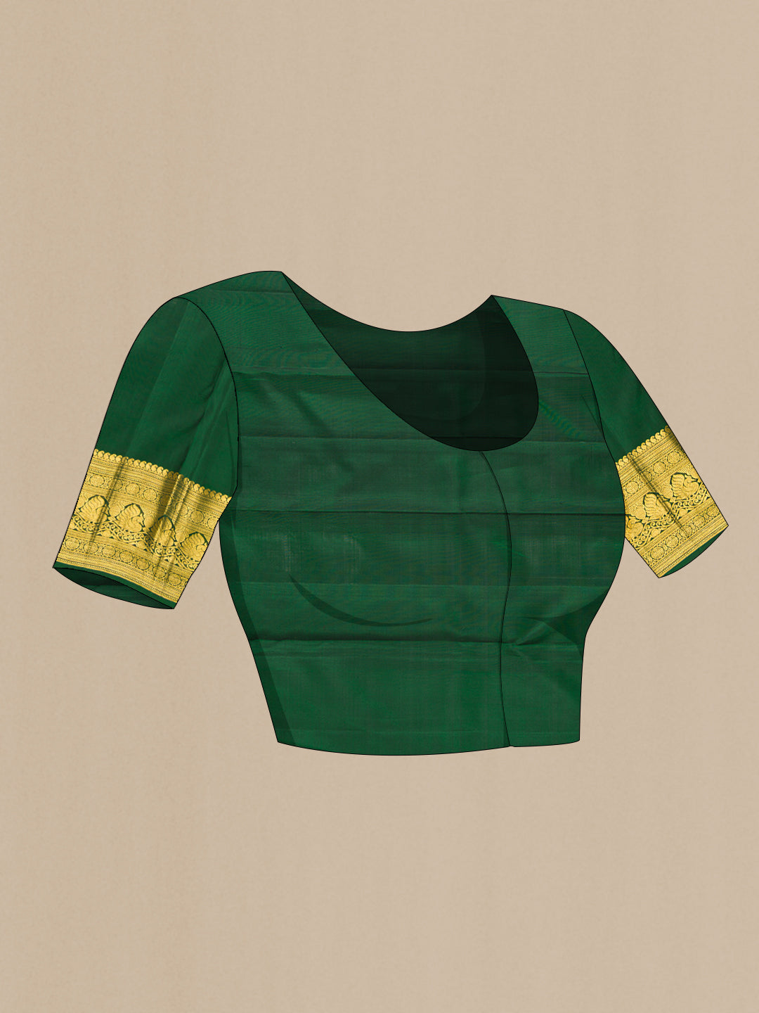 Close up image of the blouse of Bottle Green Kanchipuram Silk Saree with Zari Brocade on the body and Zari Border. 