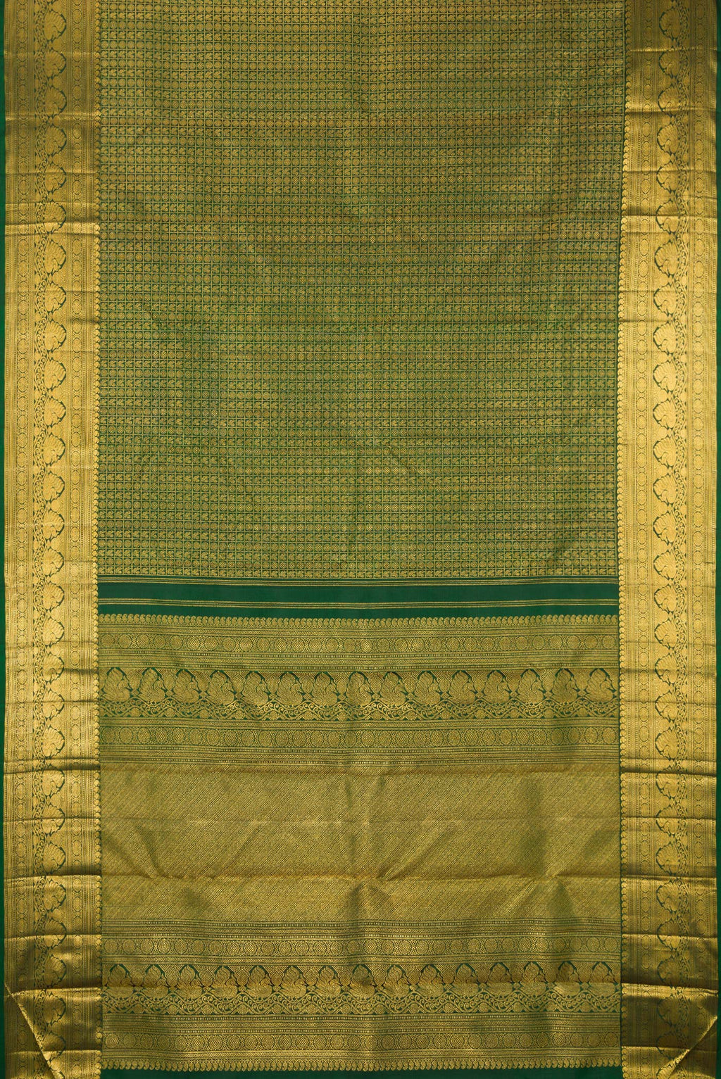 Flat view of Bottle Green Kanchipuram Silk Saree with Zari Brocade on the body and Zari Border. 
