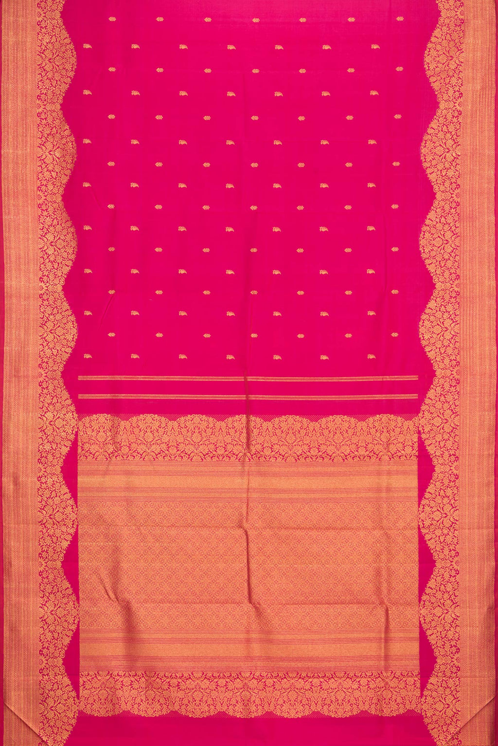 Flat view of Pure Silk Pink Kanjivaram Saree with Zari Butta on the body and Fancy Border. 