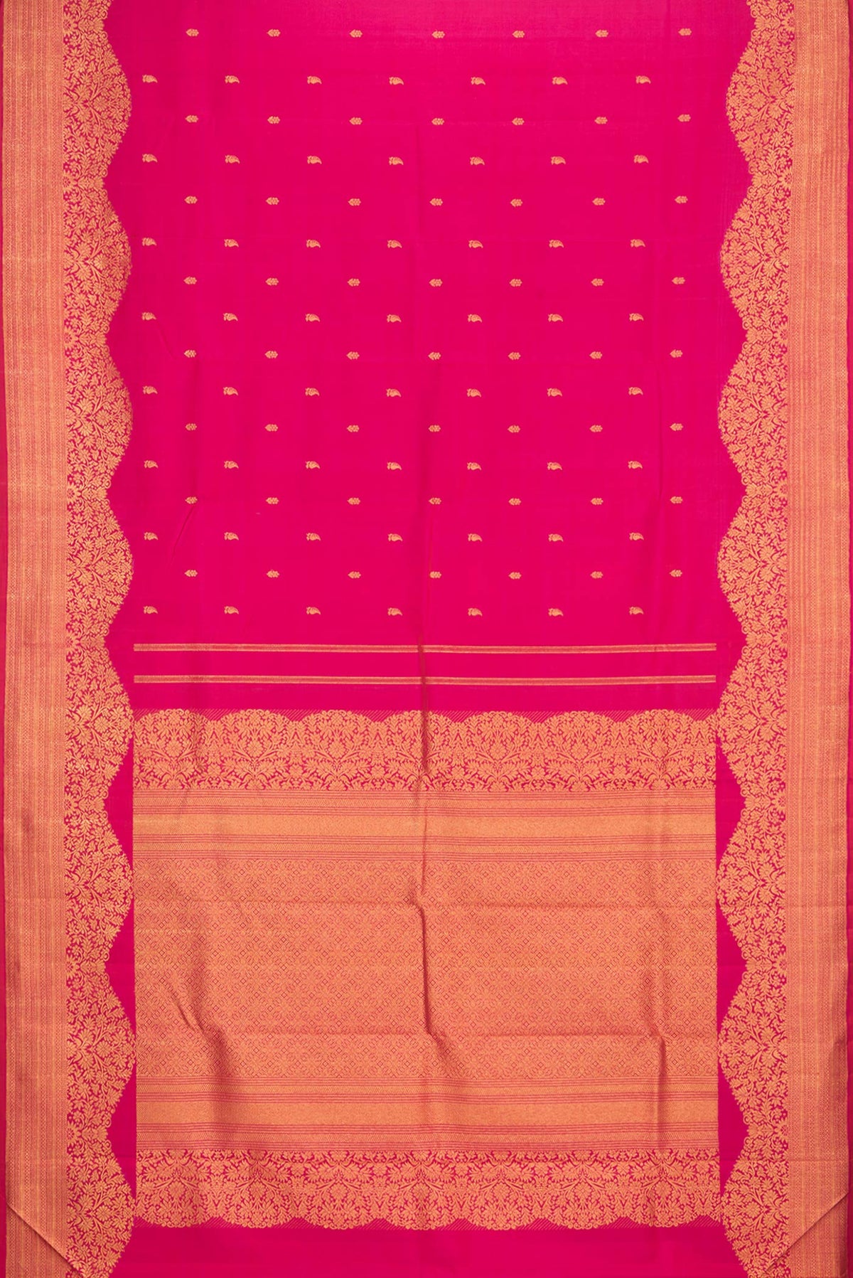 Flat view of Pure Silk Pink Kanjivaram Saree with Zari Butta on the body and Fancy Border. 