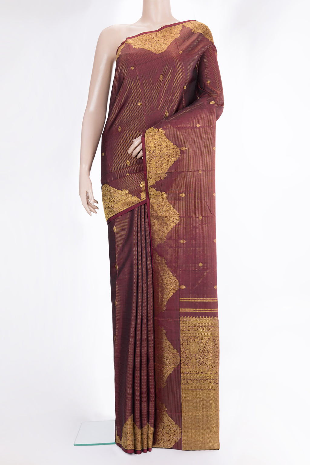 Pure Silk Maroon Kanjivaram Saree with Stripes on the body and Fancy Border.  displayed on a mannequin