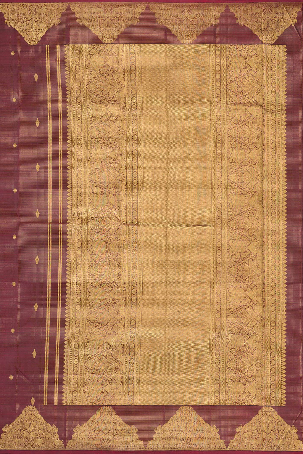 Close up image of the pallu of Pure Silk Maroon Kanjivaram Saree with Stripes on the body and Fancy Border. 
