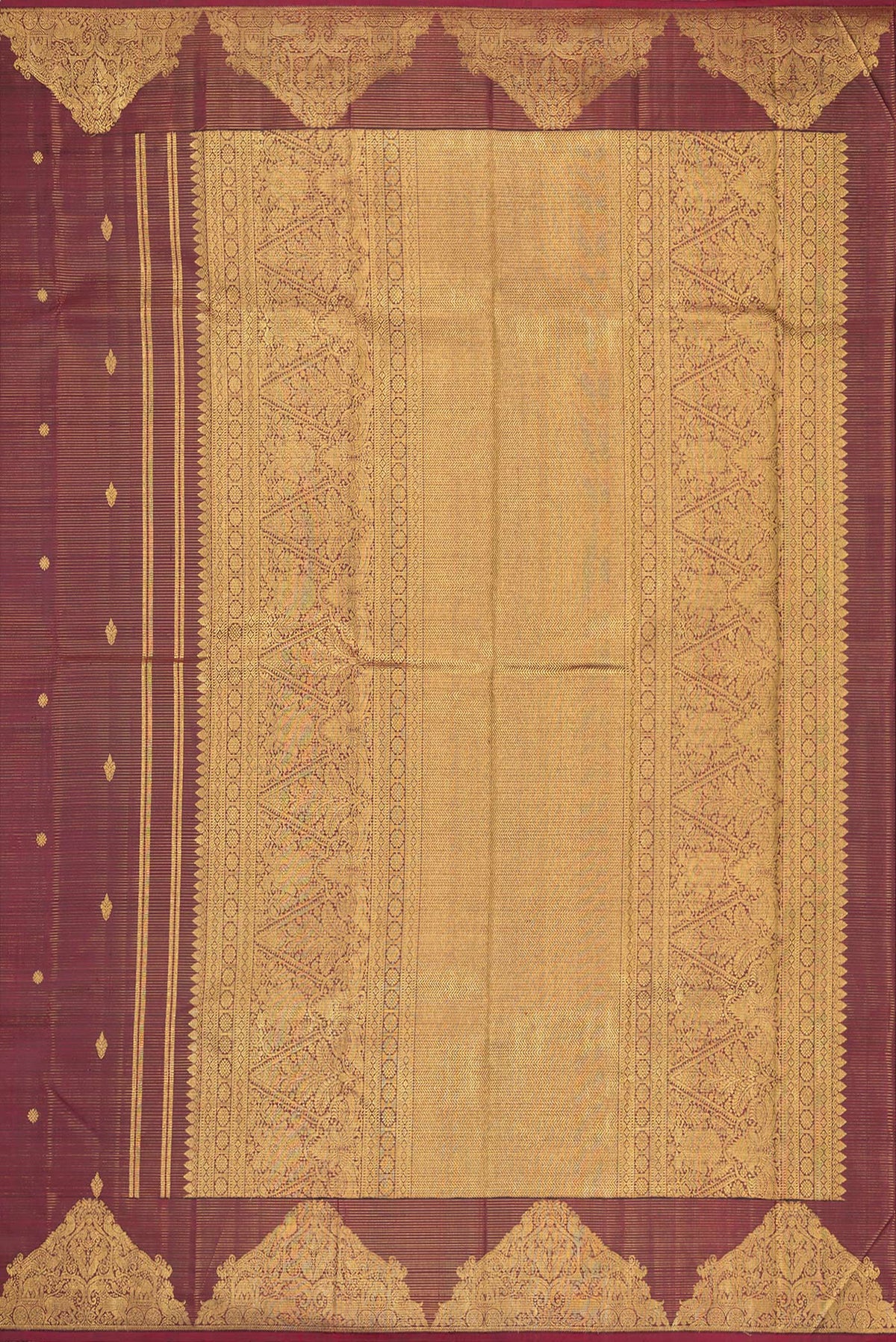 Close up image of the pallu of Pure Silk Maroon Kanjivaram Saree with Stripes on the body and Fancy Border. 