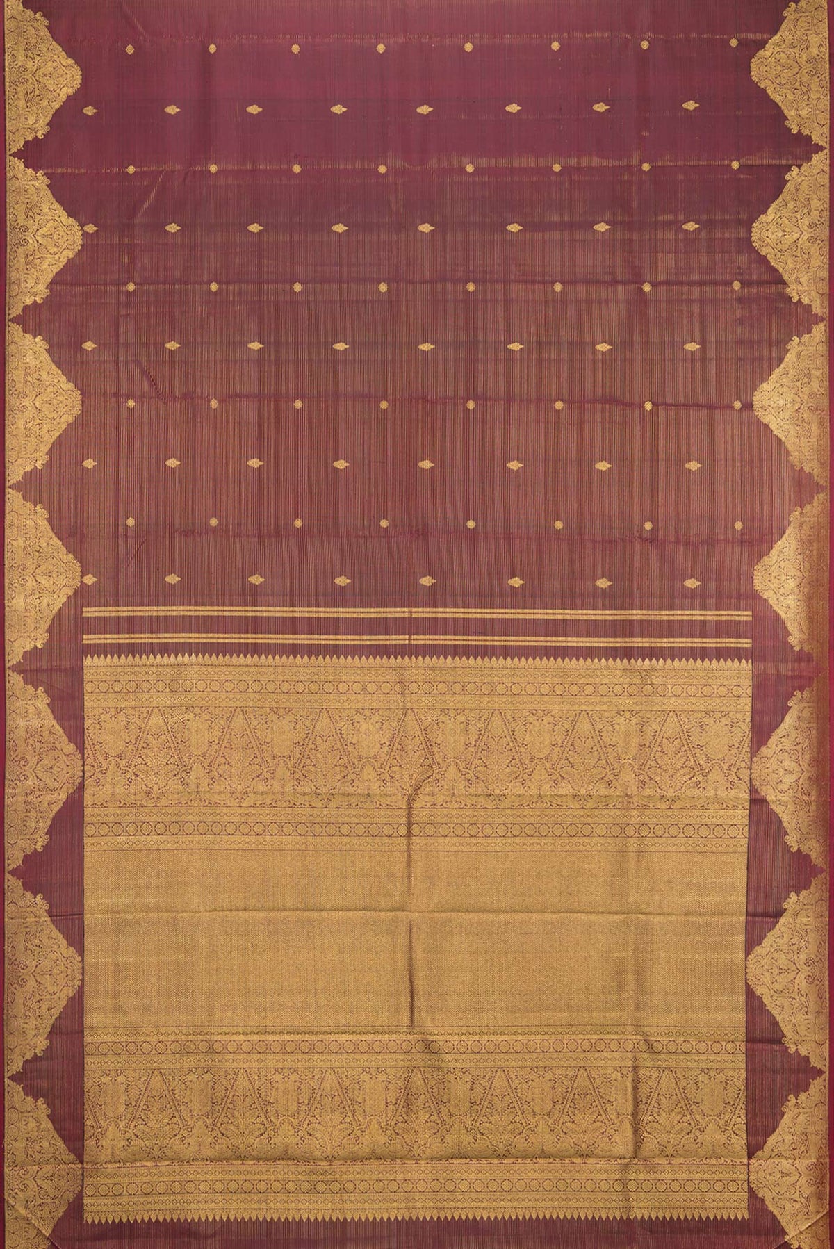 Flat view of Pure Silk Maroon Kanjivaram Saree with Stripes on the body and Fancy Border. 