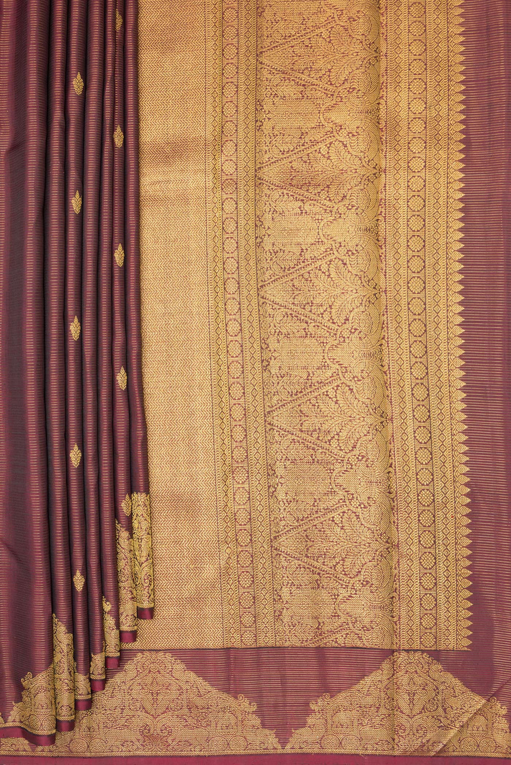 Pleats and pallu of Pure Silk Maroon Kanjivaram Saree with Stripes on the body and Fancy Border. 