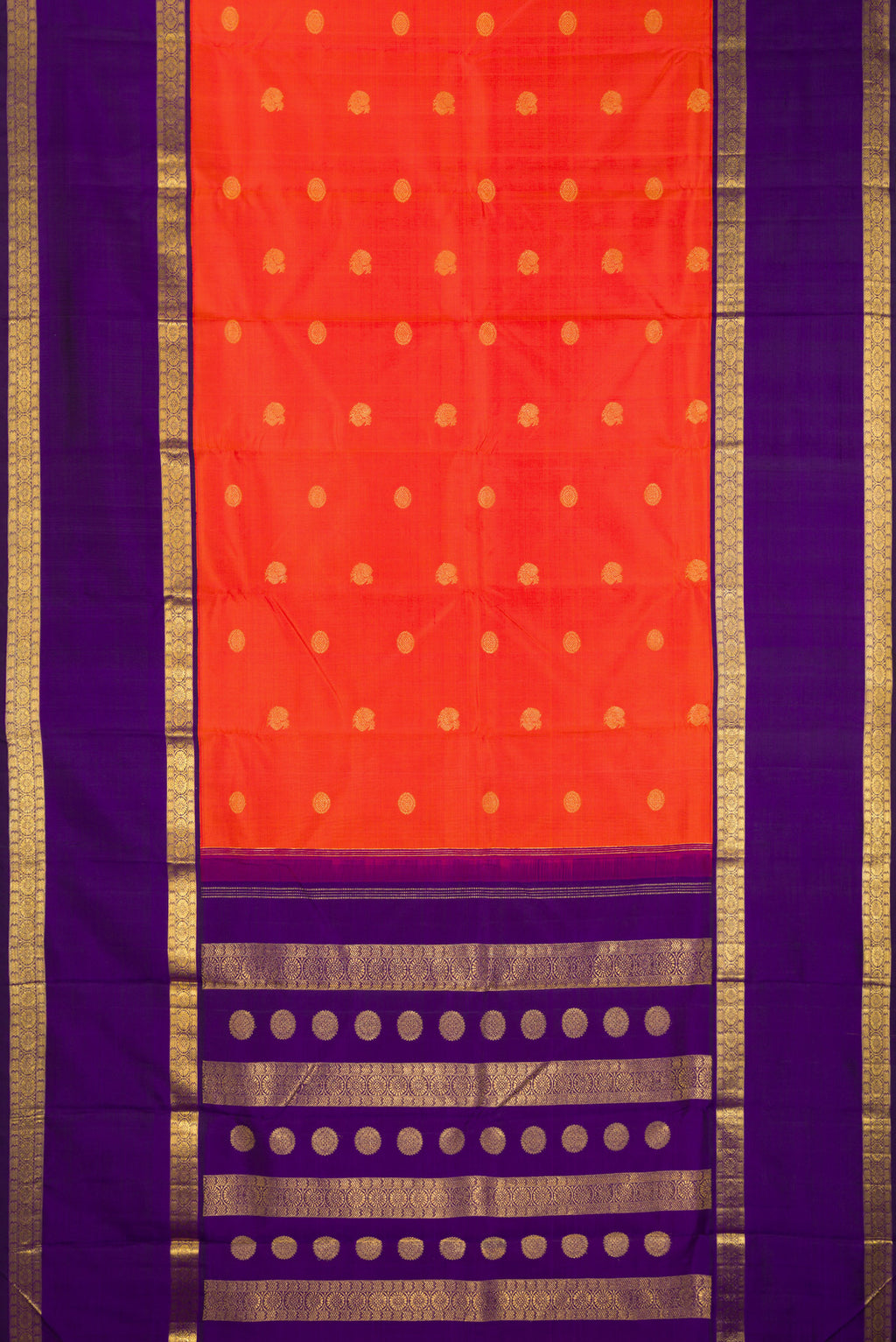 Flat view of Pure Silk Pure Zari Brick Orange Dual Tone Kanchipuram Saree with Zari Butta on the body and Zari Border. 